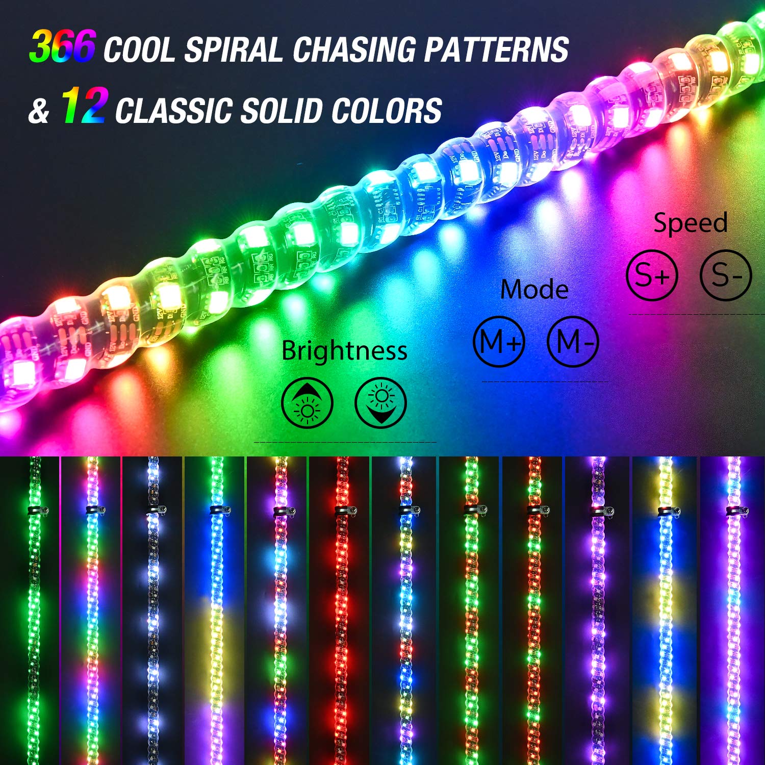 Nilight 1PC 3FT Spiral RGB Led Whip Light with Spring Base Chasing Light RF Remote Control Lighted Antenna Whips for Can-Am ATV