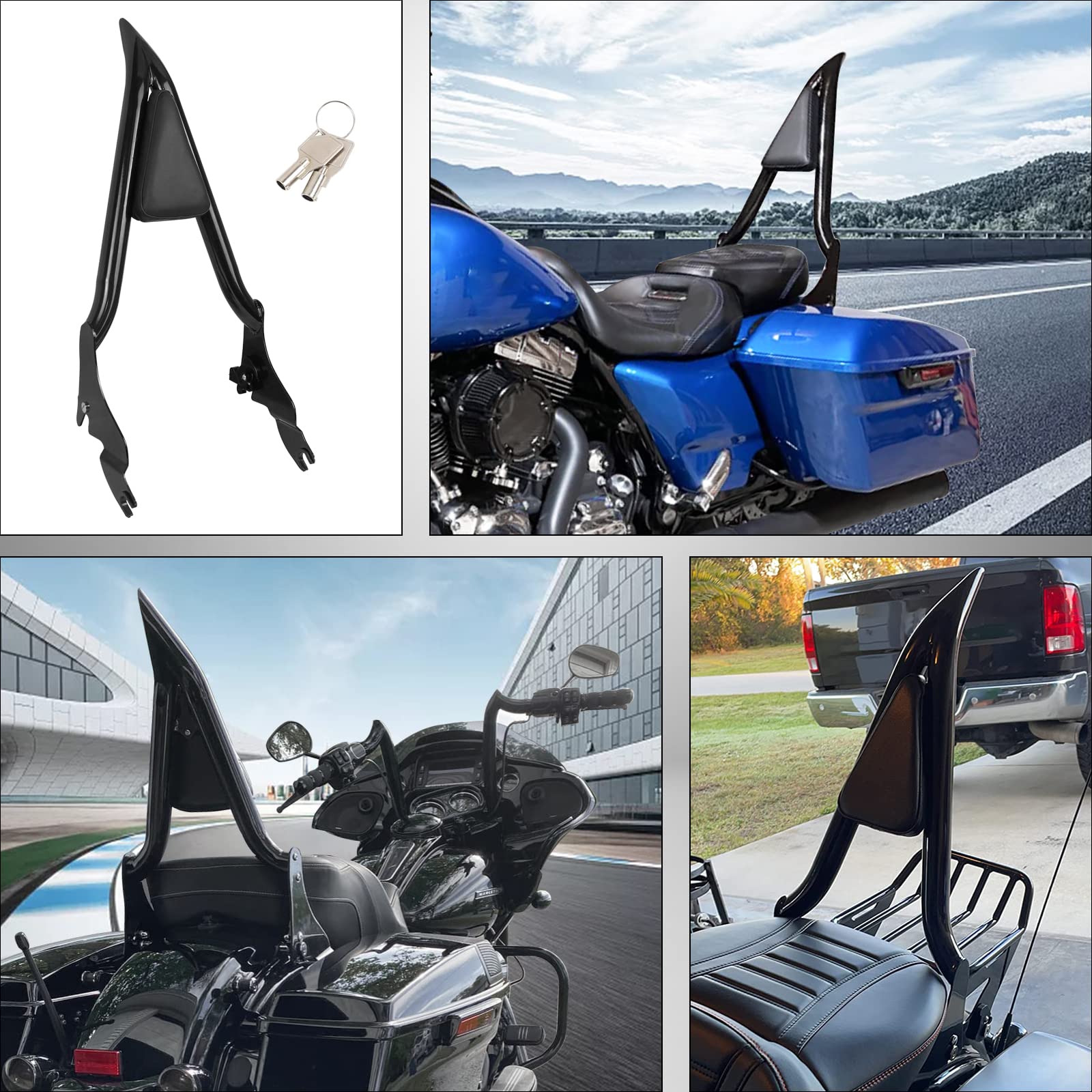 AUFER 28'' Motorcycle Rear Passenger Backrest Sissy Bar With Pad Locked Rotary Docking Latches Clips With Keys Compatible With F