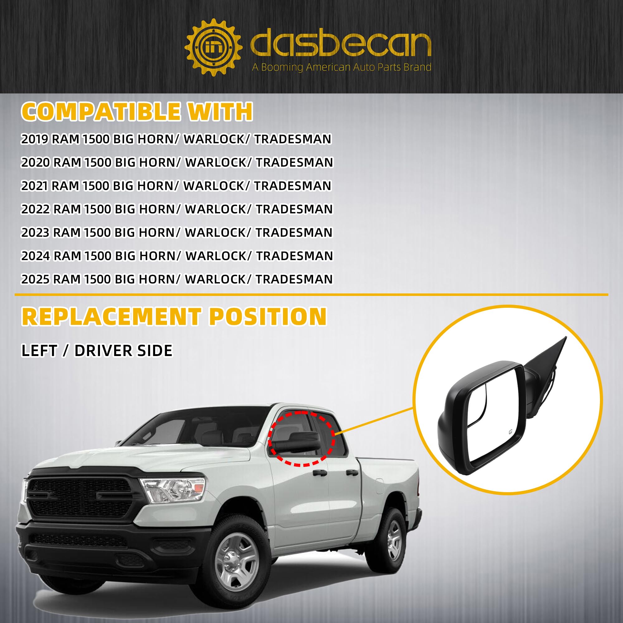 Dasbecan Left Driver Side Mirror Compatible with 2019-2024 Ram 1500 Rearview Mirror with Temp Sensor/Power Heated Glass/Manual F