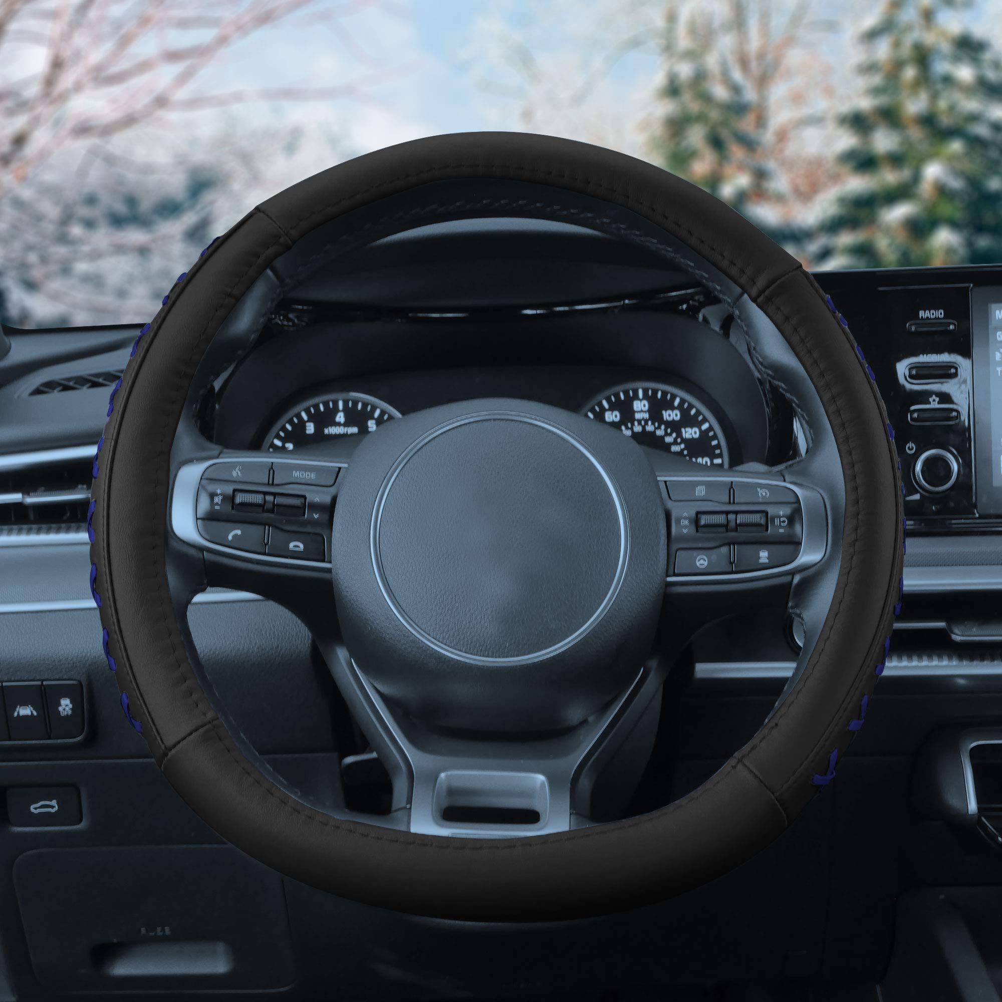 Fh Group 15 Inch Genuine Leather With Lace-Up Detailing Steering Wheel Cover Fits Most Cars, Suvs, And Trucks Blue