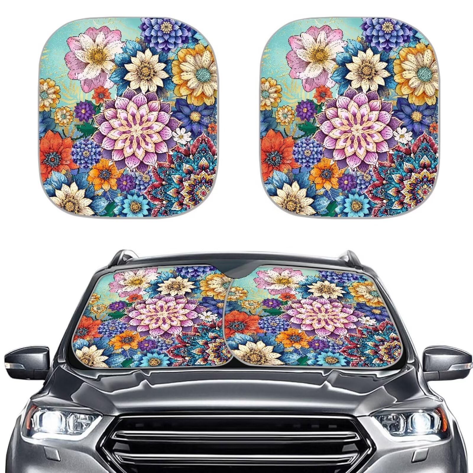 Huisefor Boho Windshield Sunshade Mandala Flower Windshield Shade 2-Piece Foldable Car Front Window Sunshade Uv Ray Sun Visor Pr