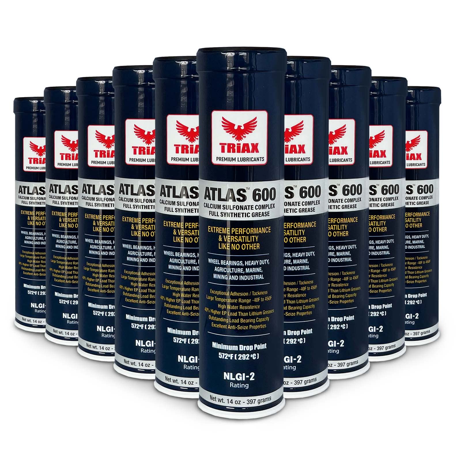 Triax Atlas 600 - Full Synthetic Grease - Ultra Duty - All 5Th Wheel, Bearings, Joints, Pivots, Bolts - Super Adhesive - Marine - Wide Temp Range -40 F To 450 F - 14 Ounce Cartridge (10 Tube Pack)