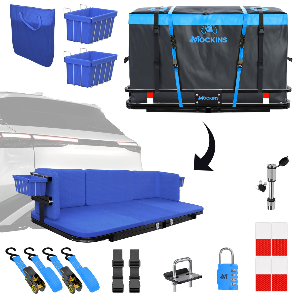 Mockins 48''x18''x6'' 2-in-1 Trailer Hitch Seating Cargo Carrier Bench Set w/ 15 CuFt Trailer Hitch Cargo Carrier Bag | 500 lbs 