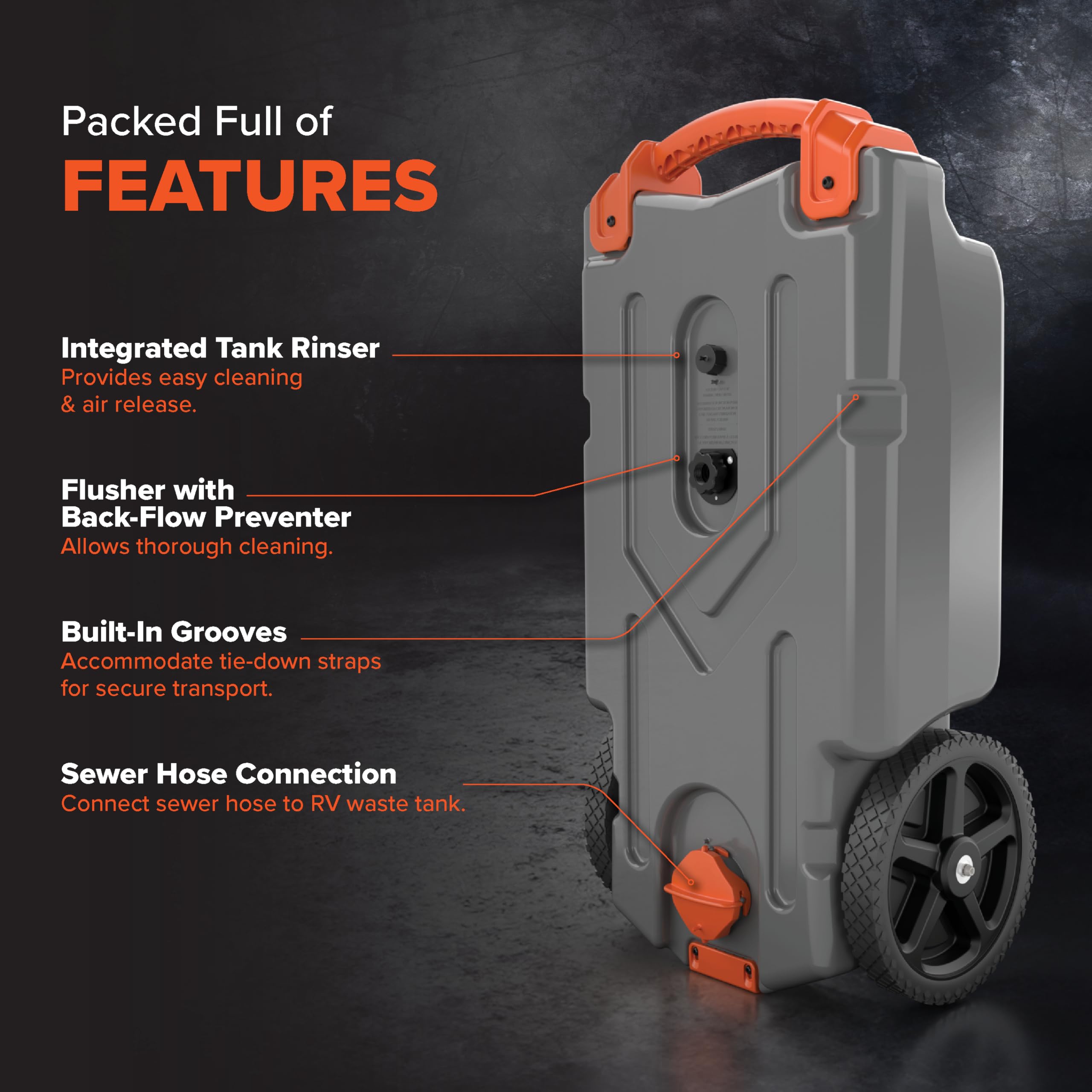 Camco Rhino 15-Gallon Portable Camper / RV Tote Tank - Features Large Heavy-Duty No-Flat Wheels & Low Drain Hole - Includes Remo