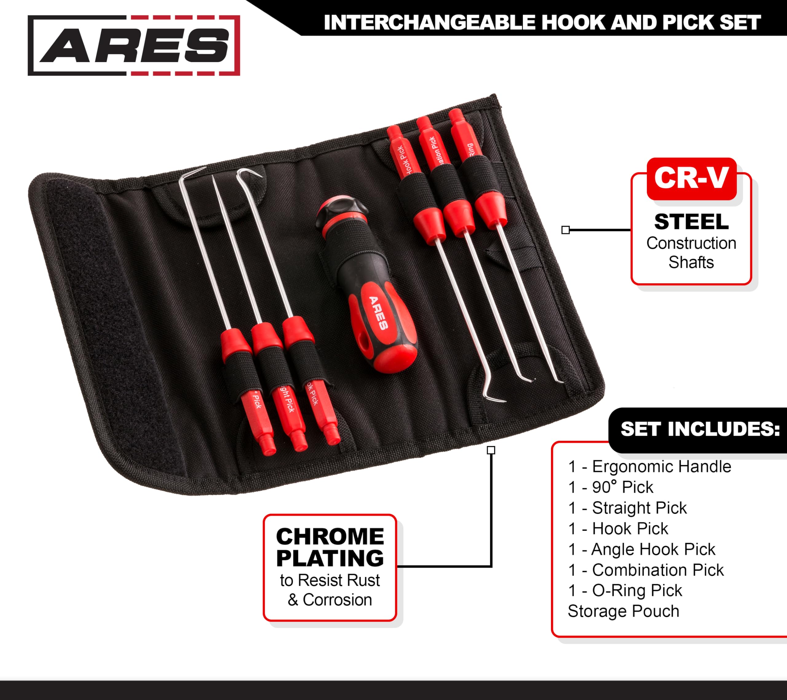 Ares 70255 - Interchangeable Hook And Pick Set - 6-Piece Set Includes Convenient Storage Pouch - Chrome Vanadium Steel Shafts -