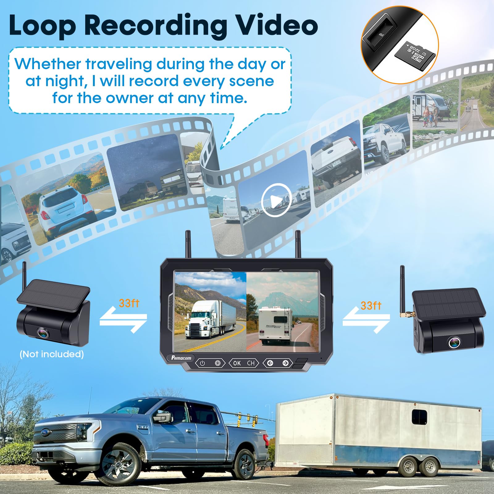 Magnetic Solar Wireless Backup Camera: 7'' Dvr Portable 1 Min Easy Install Scratch-Proof No Delay Truck Trailer Hitch Rear View