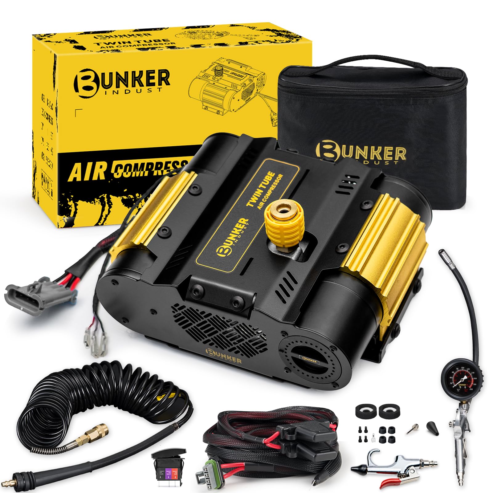 BUNKER INDUST 12V Twin Motor Air Compressor Offroad On-Board Air Pump Tire Inflator with Pressure Gauge Max 150 PSI for 4x4 Vehi