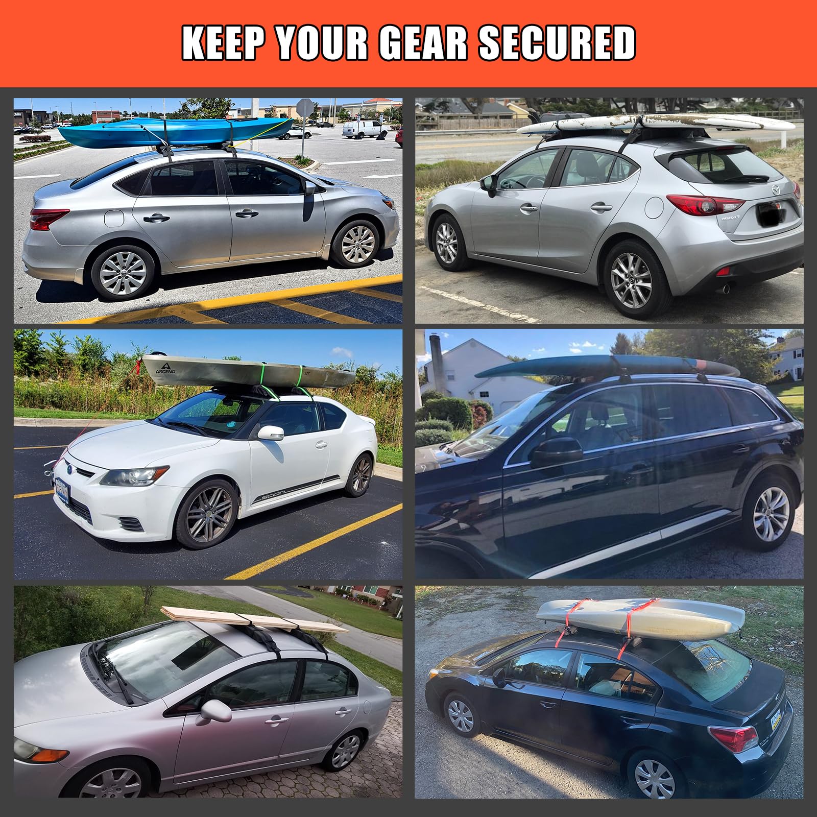 Universal Car Soft Roof Rack Pads Luggage Carrier System For Kayak Surfboard Sup Canoe Include 2 Heavy Duty Tie Down Straps, 2 T