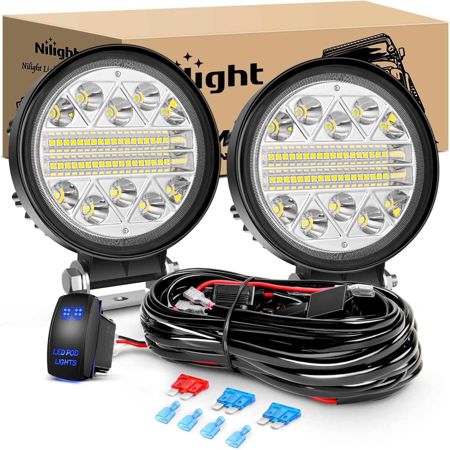 Nilight 2Pcs 4.5 Inch Led Pods 69W Round Spot Flood Combo Work Lights Off-Road Driving Lights Truck Car Pickup Atv Suv Golf Cart