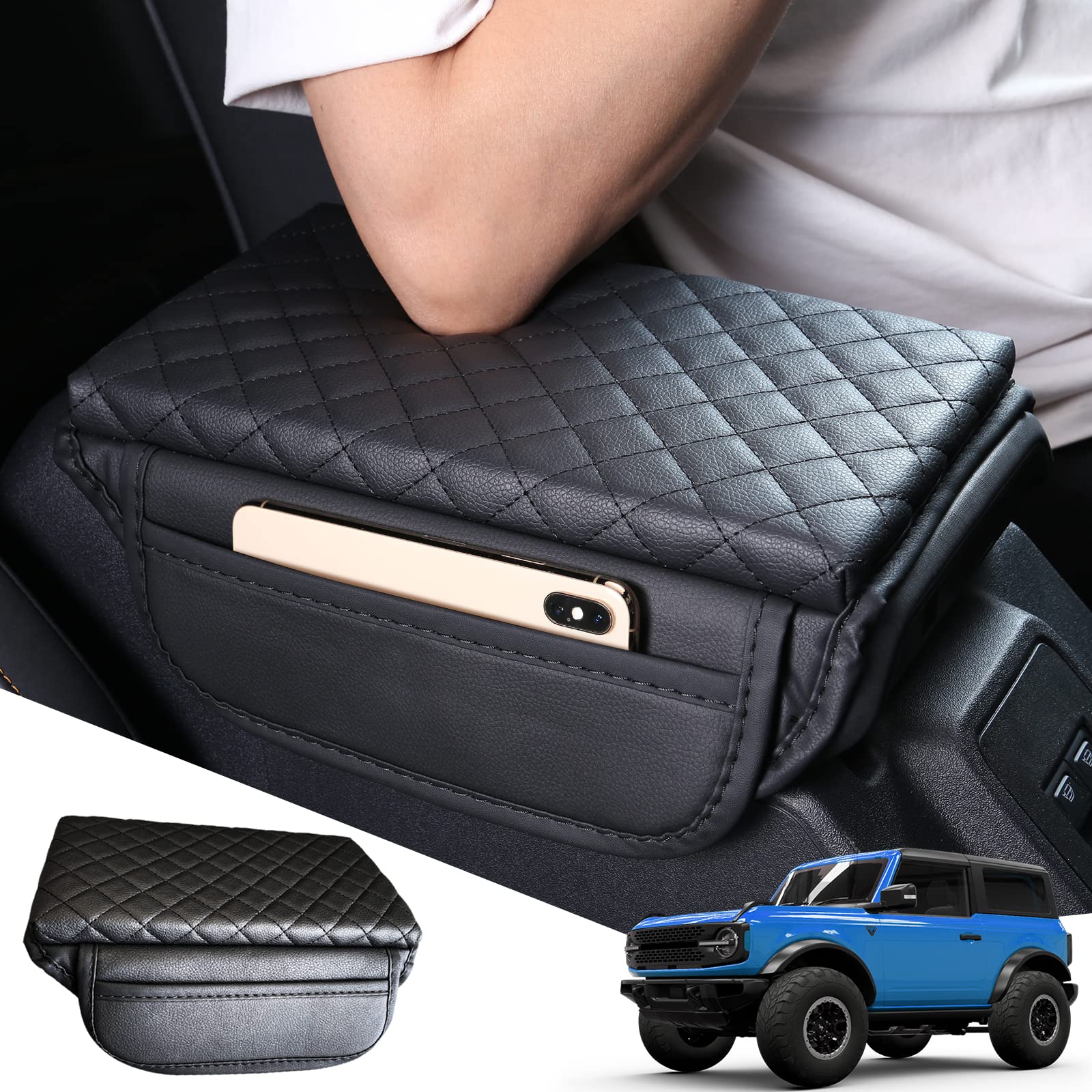 BEEGROW Center Console Armrest Cover for Ford Bronco Accessories 2021 2022 2023 2024 2/4-Door with Leather Side Pockets Interior