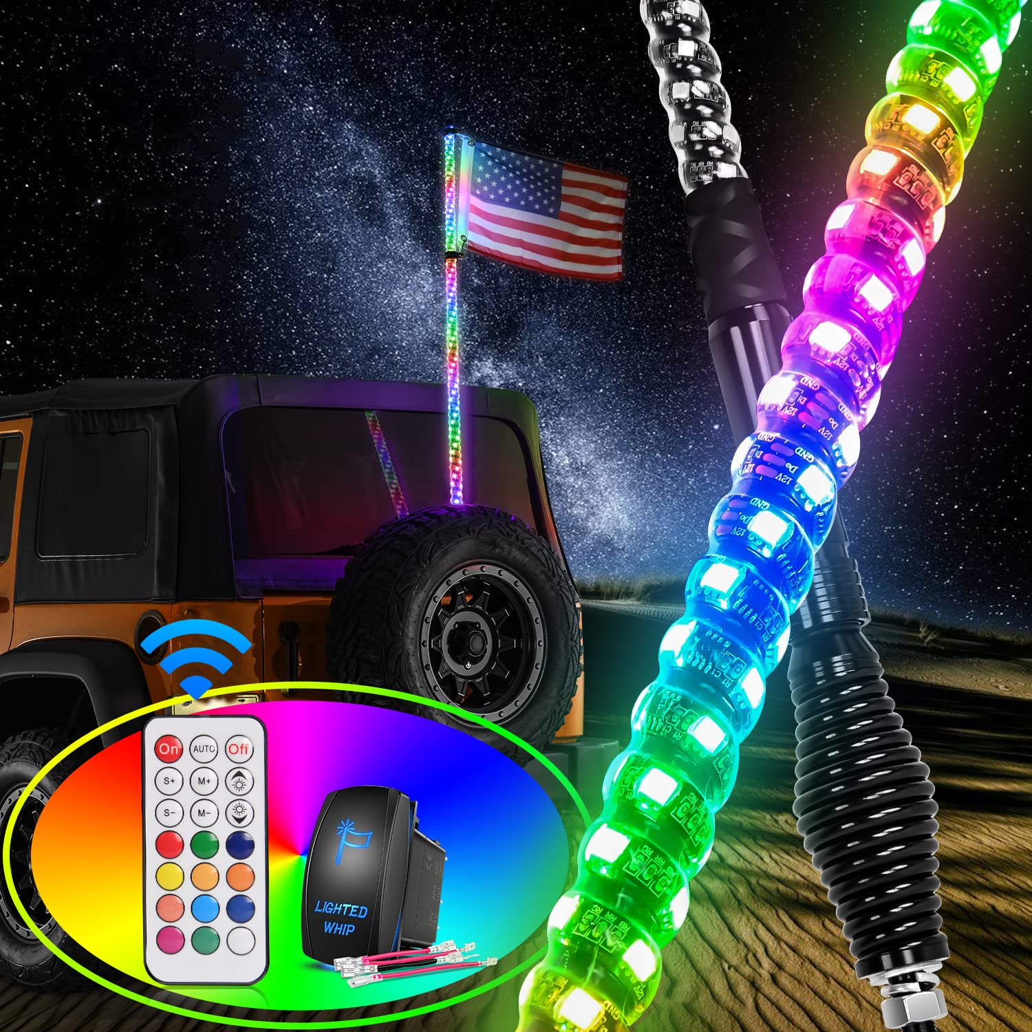 Nilight 1PC 3FT Spiral RGB Led Whip Light with Spring Base Chasing Light RF Remote Control Lighted Antenna Whips for Can-Am ATV 