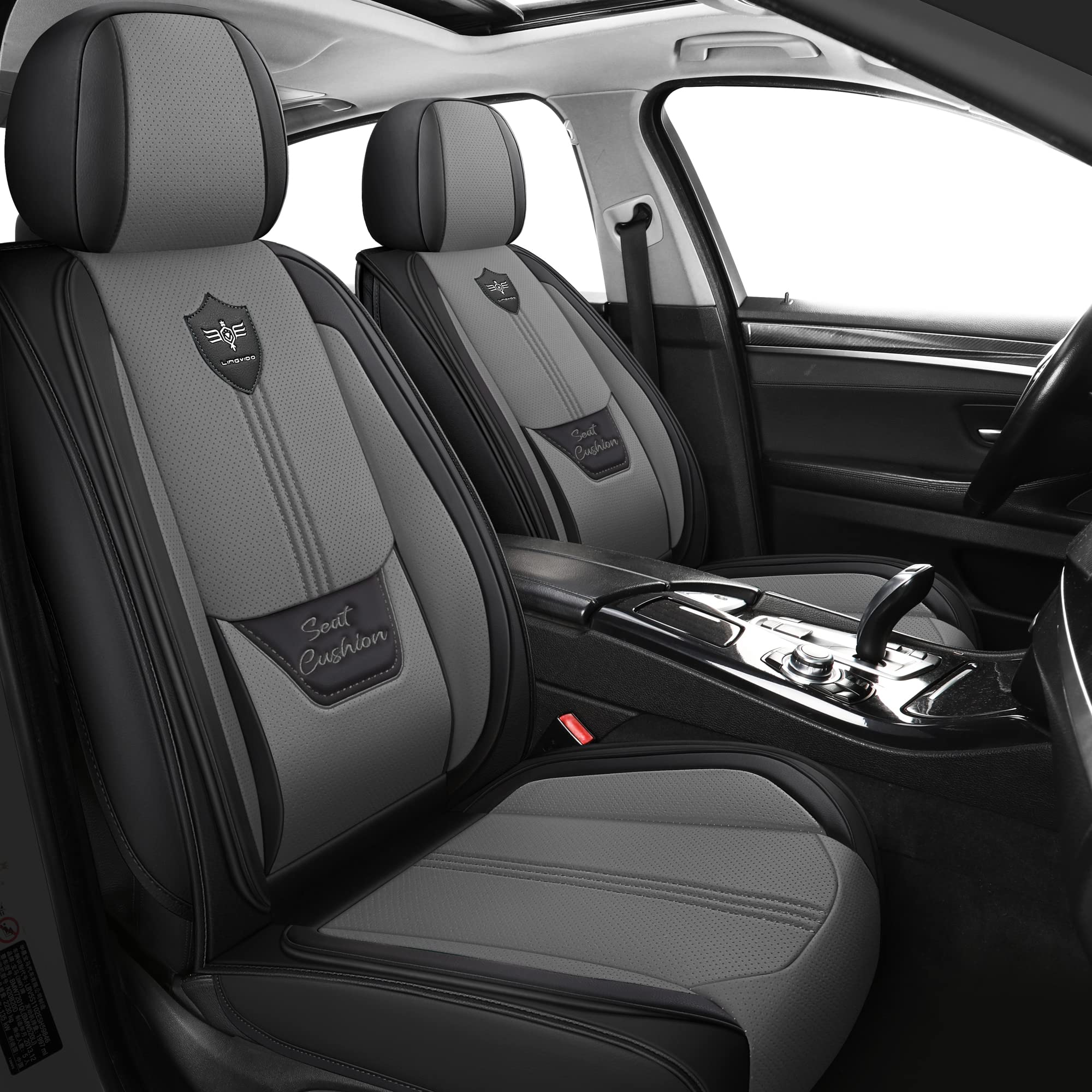 LINGVIDO Leather Car Seat Covers, Breathable Automotive Cover Cushion Accessories for Cars & SUV Truck Universal Fit Set (Grey F