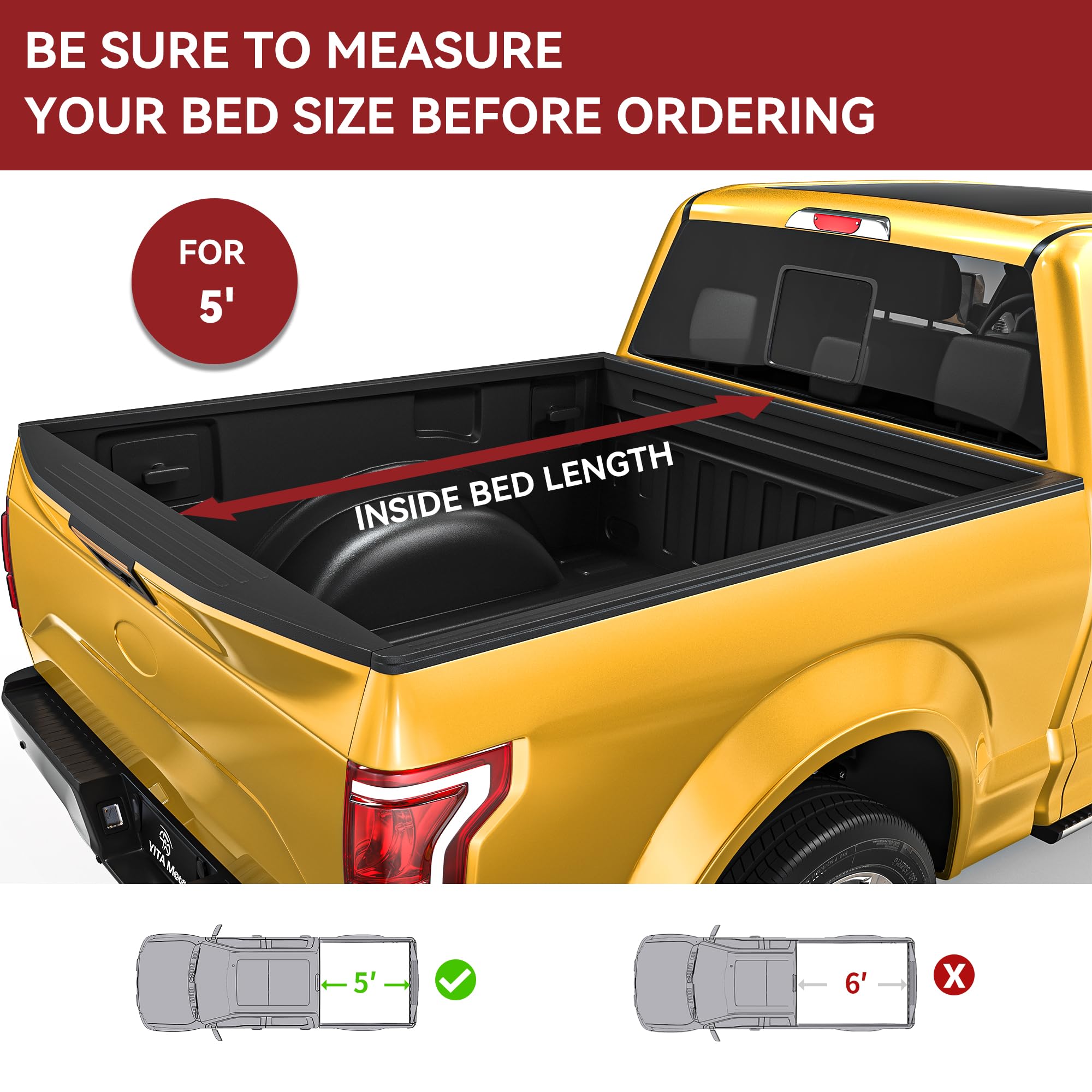 Yitamotor Soft Roll Up Truck Bed Tonneau Cover Compatible With 2005-2015 Toyota Tacoma, Fleetside 5 Ft Bed With Deck Rail System