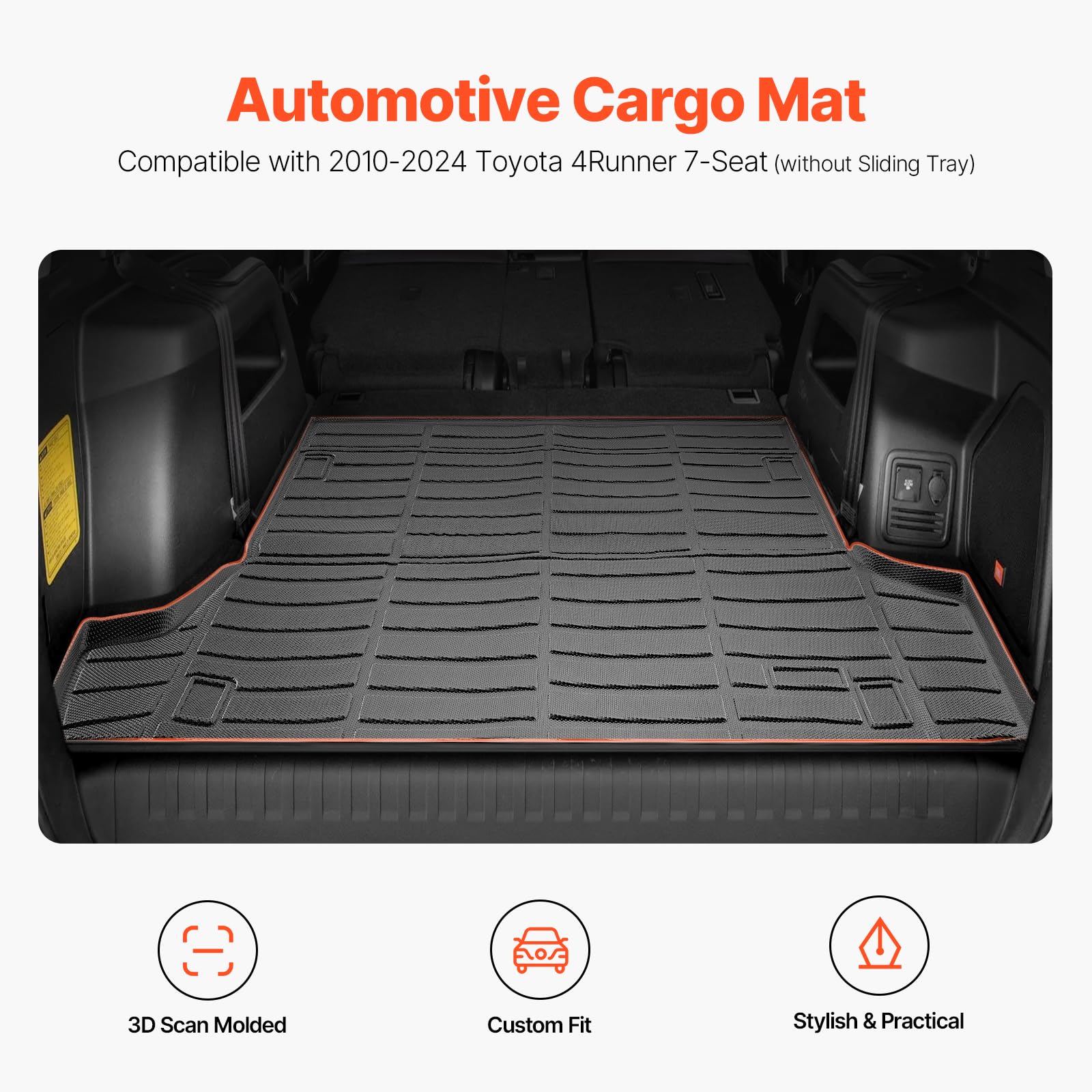 VEVOR Cargo Mat Compatible with Toyota 4Runner 7 Seater 2010-2024 Without Sliding Tray, Precise Fit Trunk Mat for SUVs, TPE Trun
