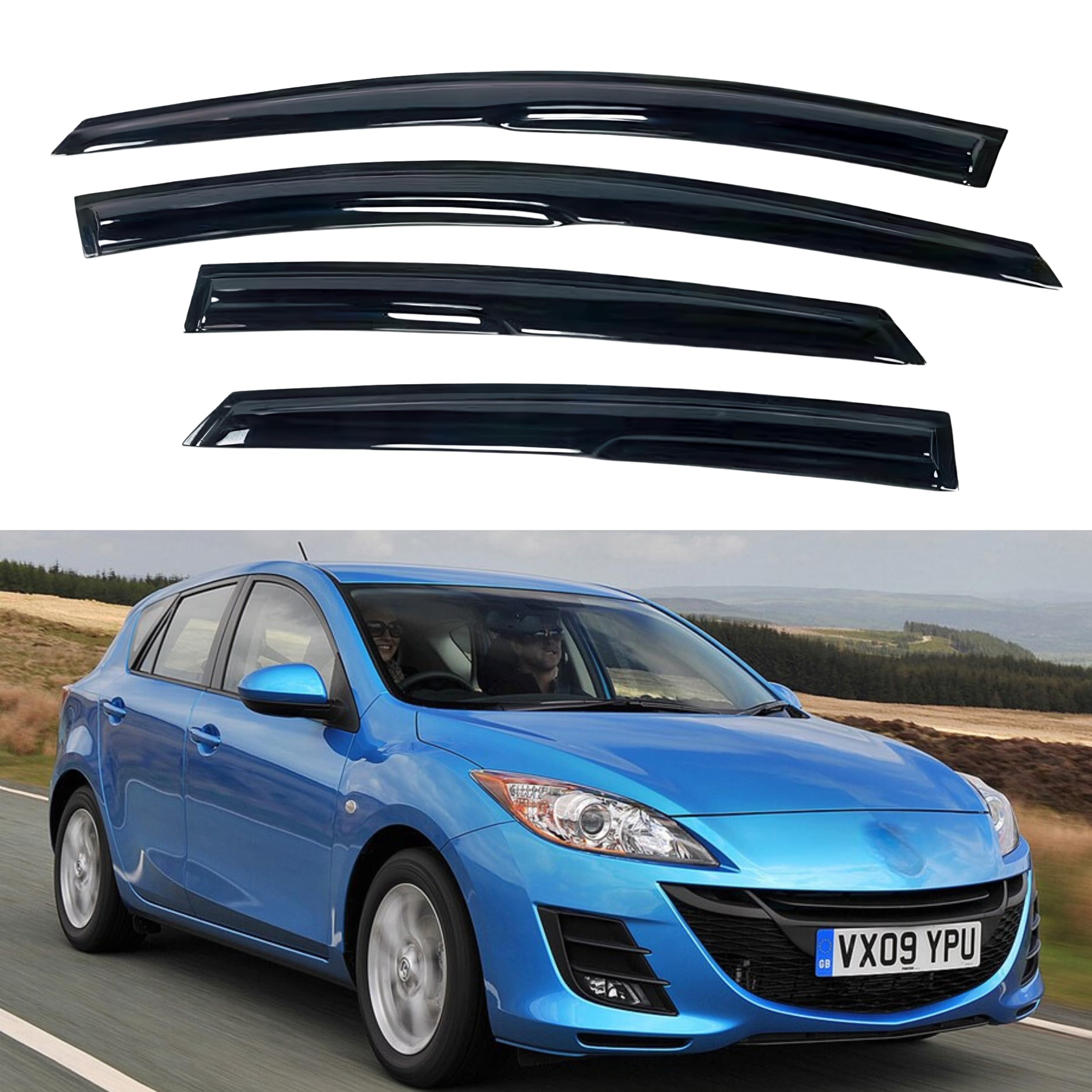 Ig Window Visor For Mazda 3 Hatchback 2004-2009, Rain Guard Tape-On Extra Durable Sun Wind Side Vent Window Deflector Mugen Styl