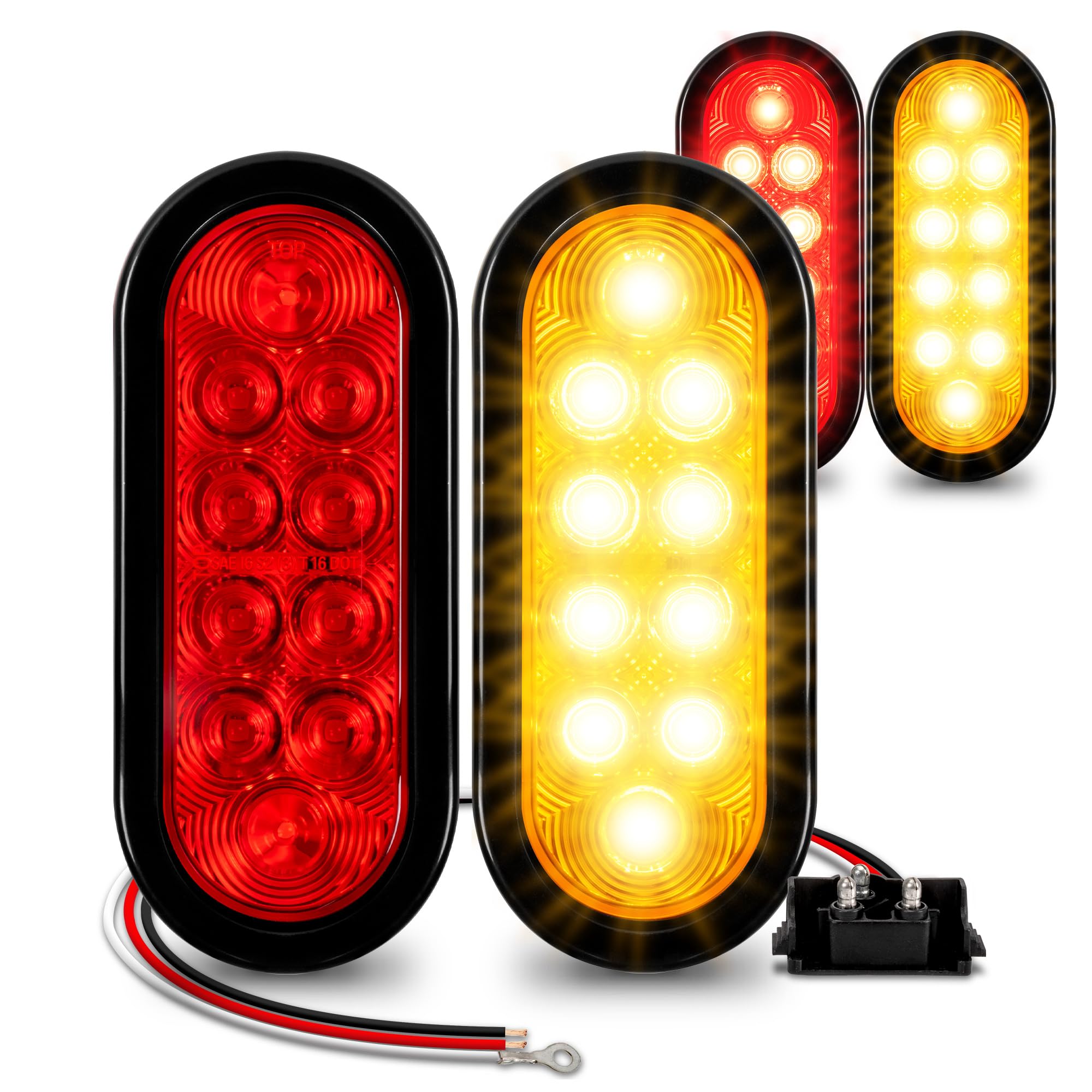 True Mods 2 Red + 2 Amber 6'' Oval Led Trailer Tail Light Kit [Dot Fmvss 108] [Grommets & Plugs] [Ip67 Waterproof] [Stop Turn Ta