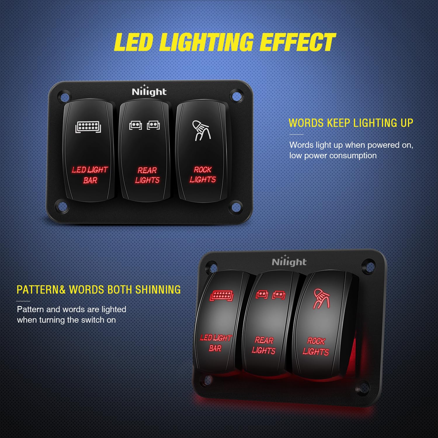 Nilight - 90128C 3 Gang Rocker Switch Panel Aluminum 5 Pin On Off Toggle Switch Panel Pre-Wired Rocker Switch Spst 12V 24V Switc