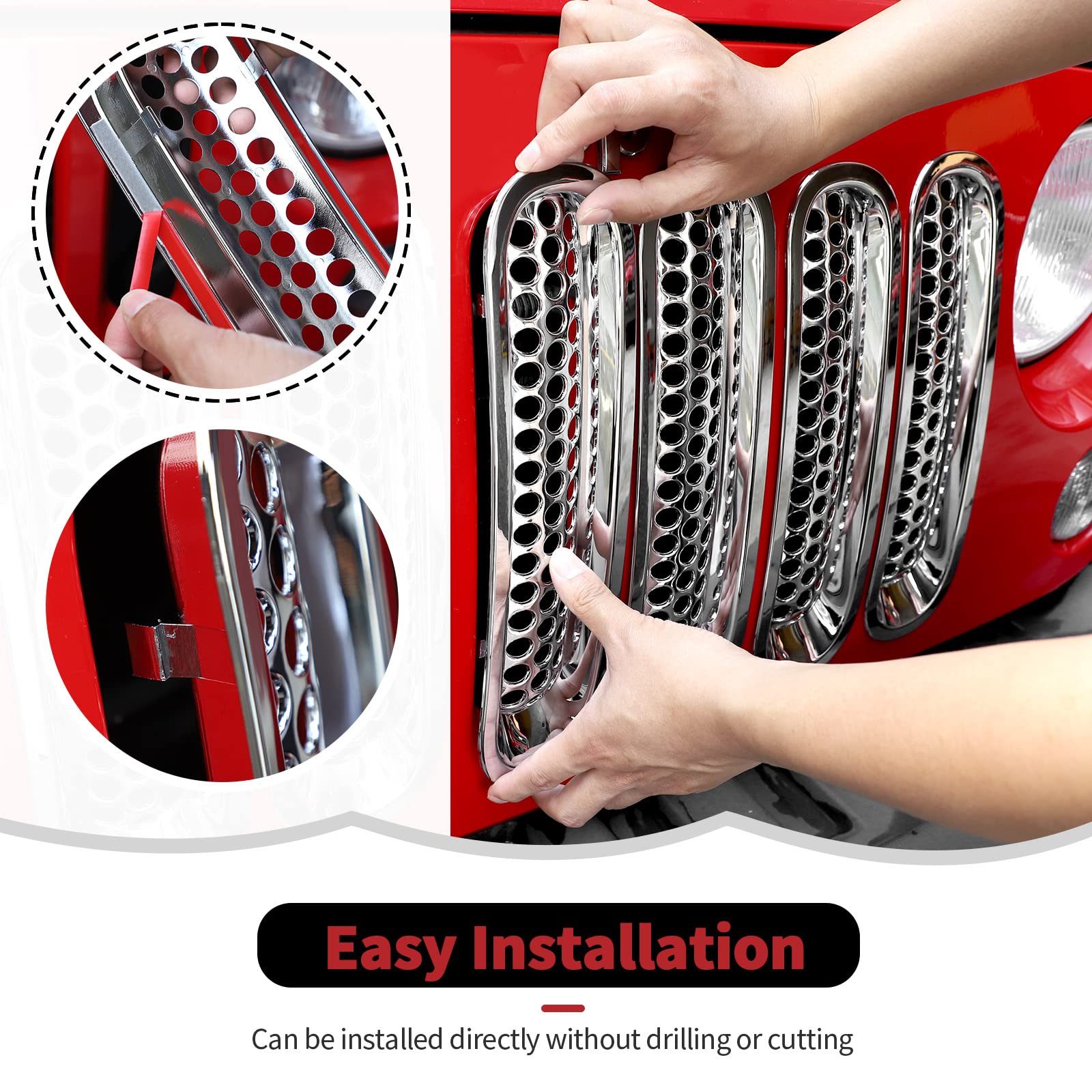 Rt-Tcz Upgrade Version Clip-On Grille Front Mesh Grille Inserts For Jeep Wrangler 2007-2015 (Chrome)