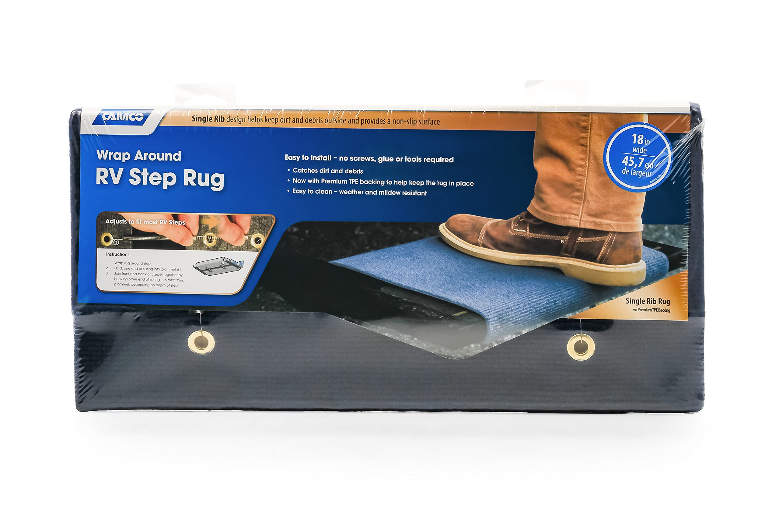 Camco 42905 Blue Premium Wrap Around Rv Step Rug (100% Polyester (17.5'' X 18''))