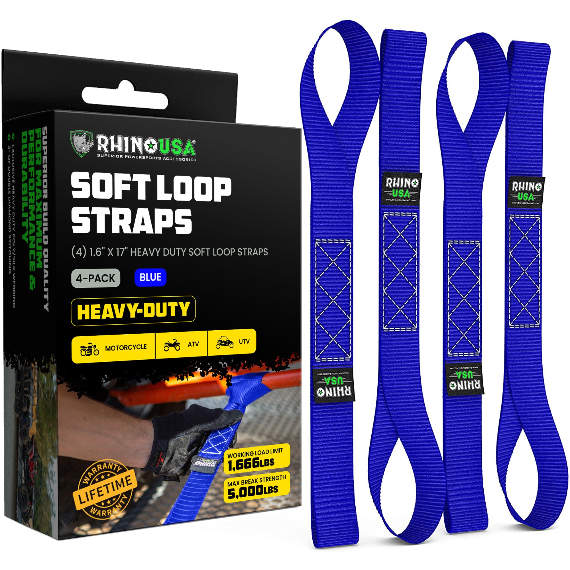 Rhino Usa Soft Loop Tie Down Straps (4-Pack) - 1.6 Inch X 17 Inch (5,000 Lbs Break Strength) Heavy Duty Motorcycle Straps For Use With Ratchet Straps - Handlebar Straps For Atv, Utv, Dirt Bike (Blue)