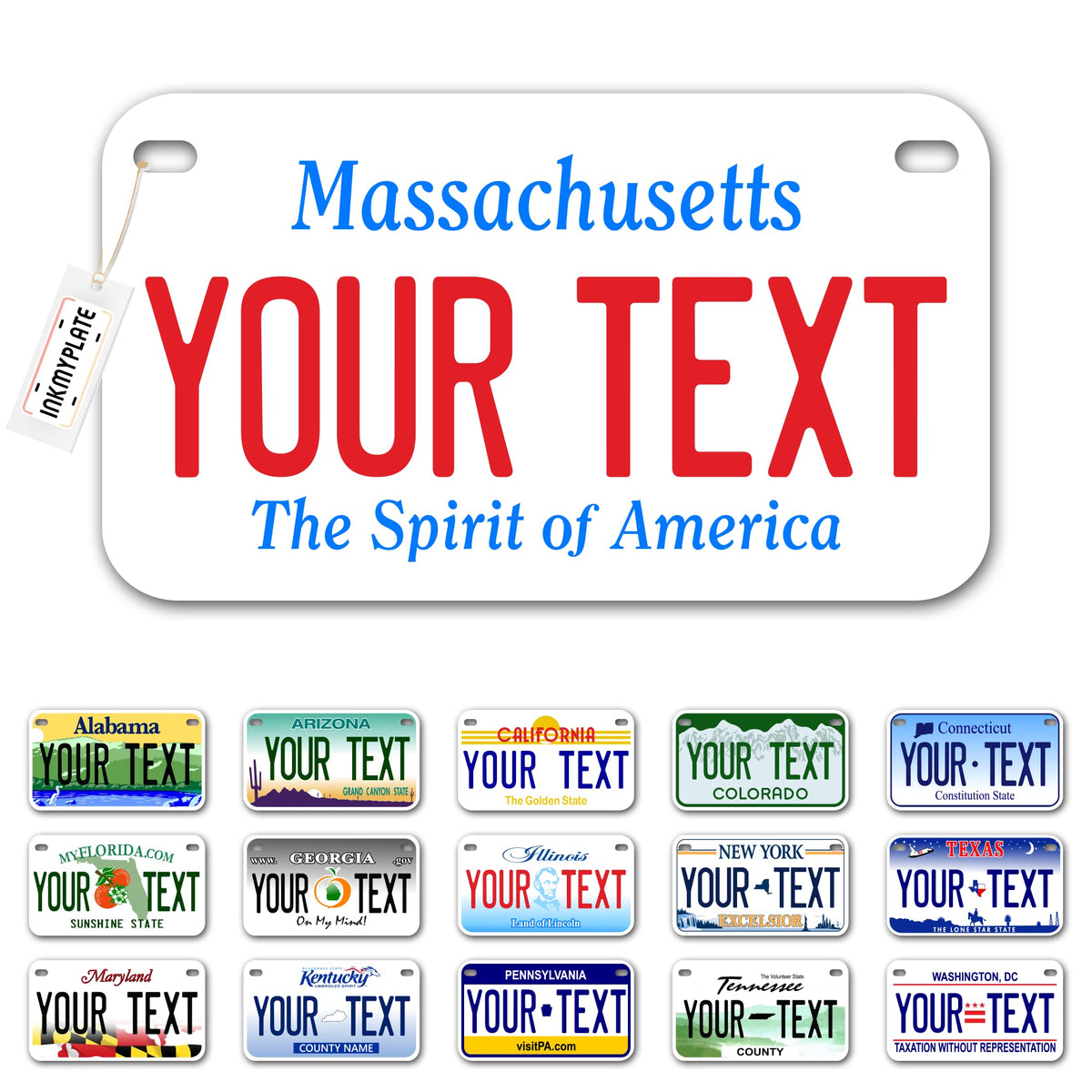 Inkmyplate Personalized Massachusetts Small License Plate | Motorcycle 7X4 In | 3 Sizes | Custom License Plates For Kids Bicycle