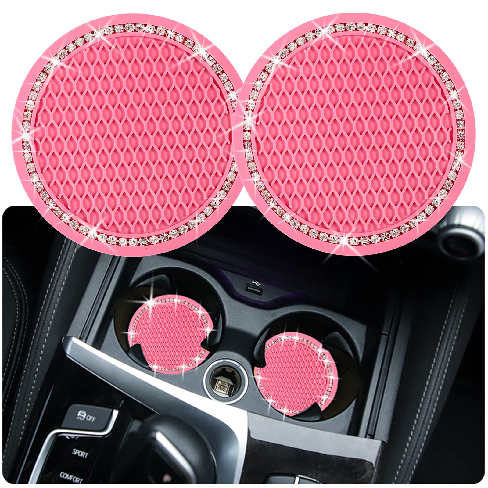 2PCS Bling Car Cup Coaster, 2.75 Inch Auto Cup Holder Insert Coasters Silicone Anti-Slip Crystal Rhinestone Drink Mat, Universal