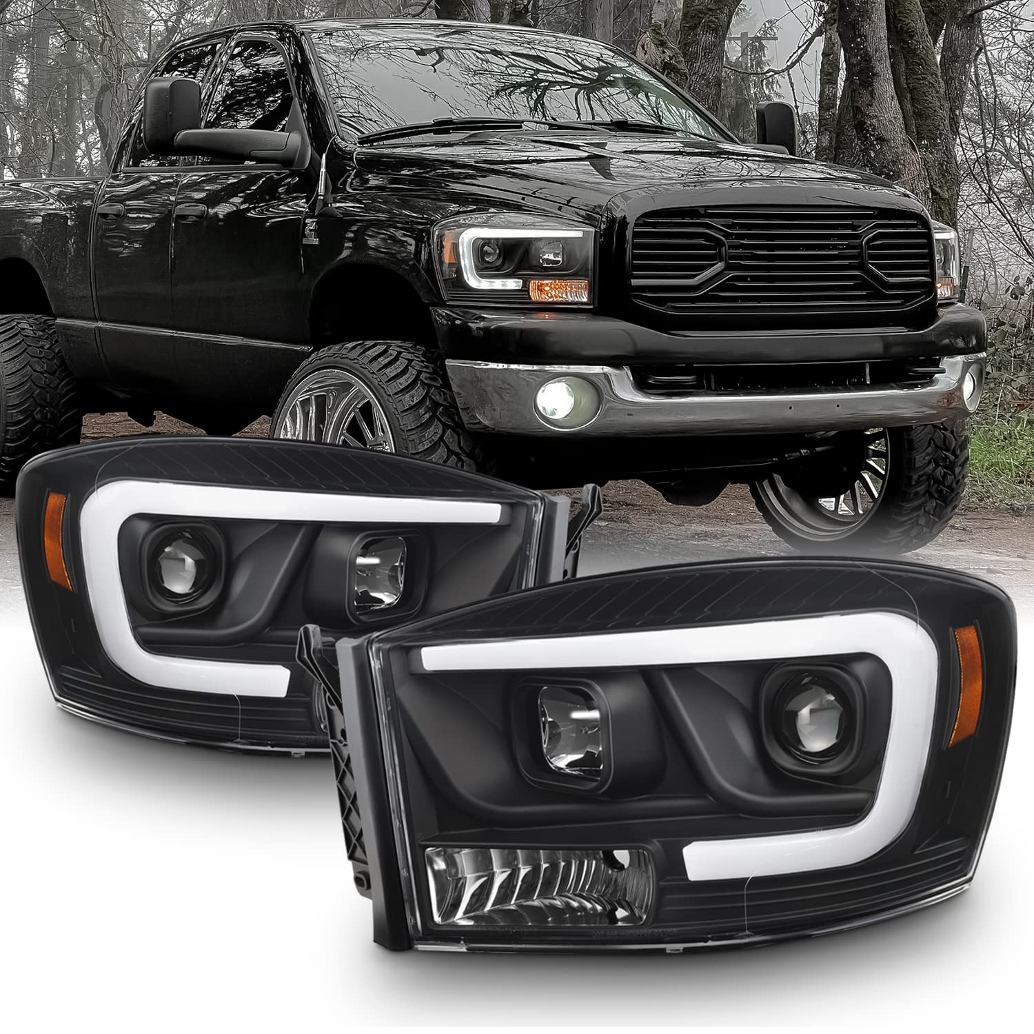 Akkon - For 2006-2008 Dodge Ram 1500 & 06-09 Dodge Ram 2500/3500 Led Daytime Running Lamp Bar Projector Headlights Black Combo