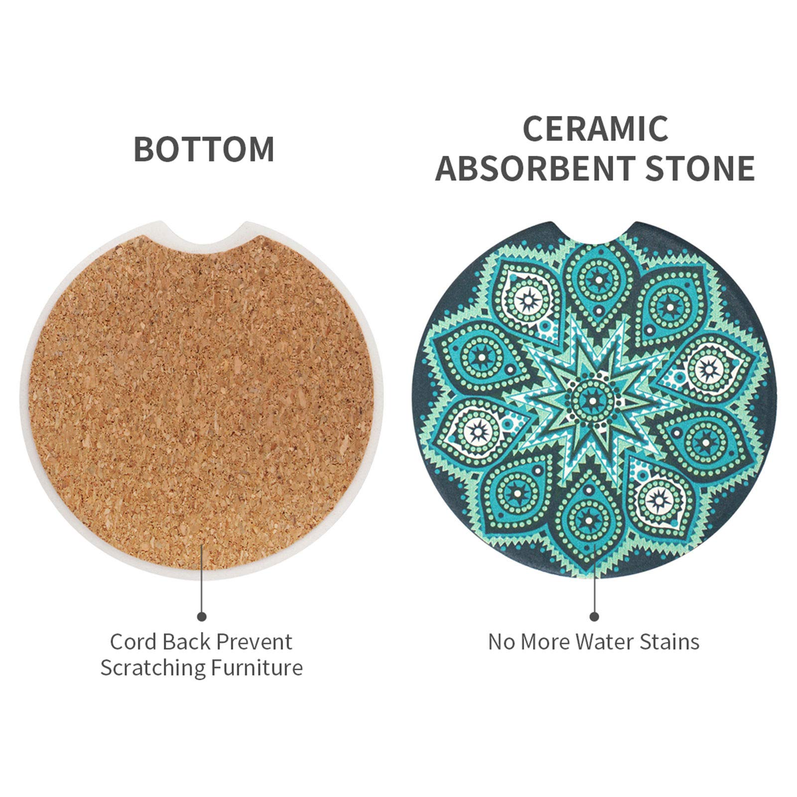 Vaincre 4 Pack 2.56'' Car Coasters For Drinks Absorbent, Mandala Ceramic Cup Holder Coaster For Your Car With Fingertip Grip, Re