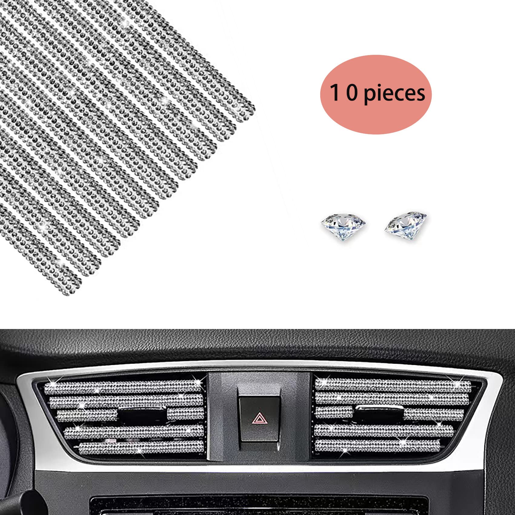Pyhlvclf 10 Pieces Bling Diamond Car Air Conditioner Vent Trim Decoration Strips Accessories, Waterproof Flexible Shiny Auto Car