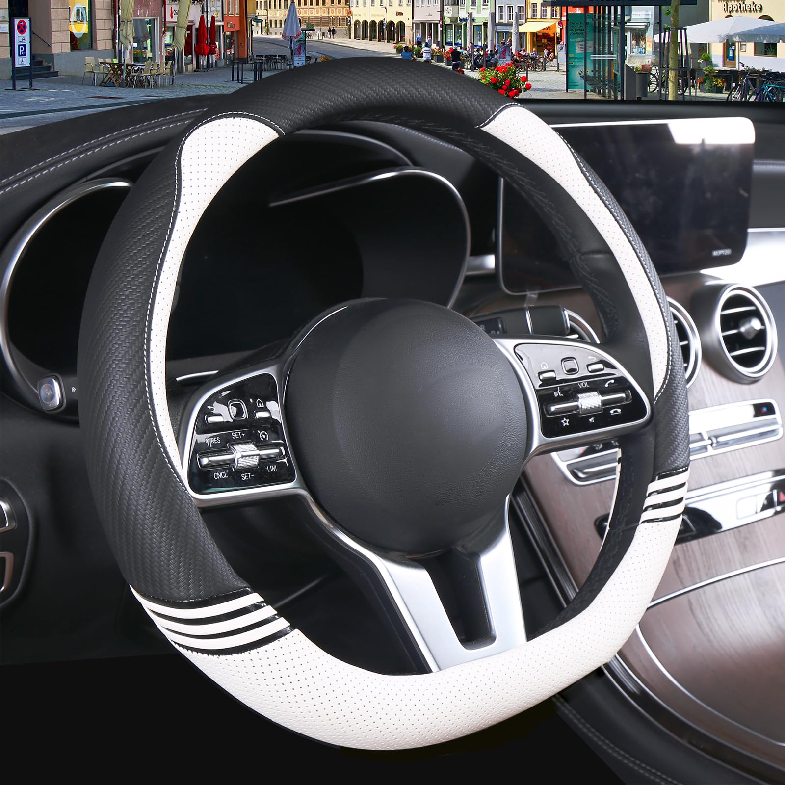 Binsheo Cute Steering Wheel Cover D Shape For Girls Women Universal 15 Inch,Black And White