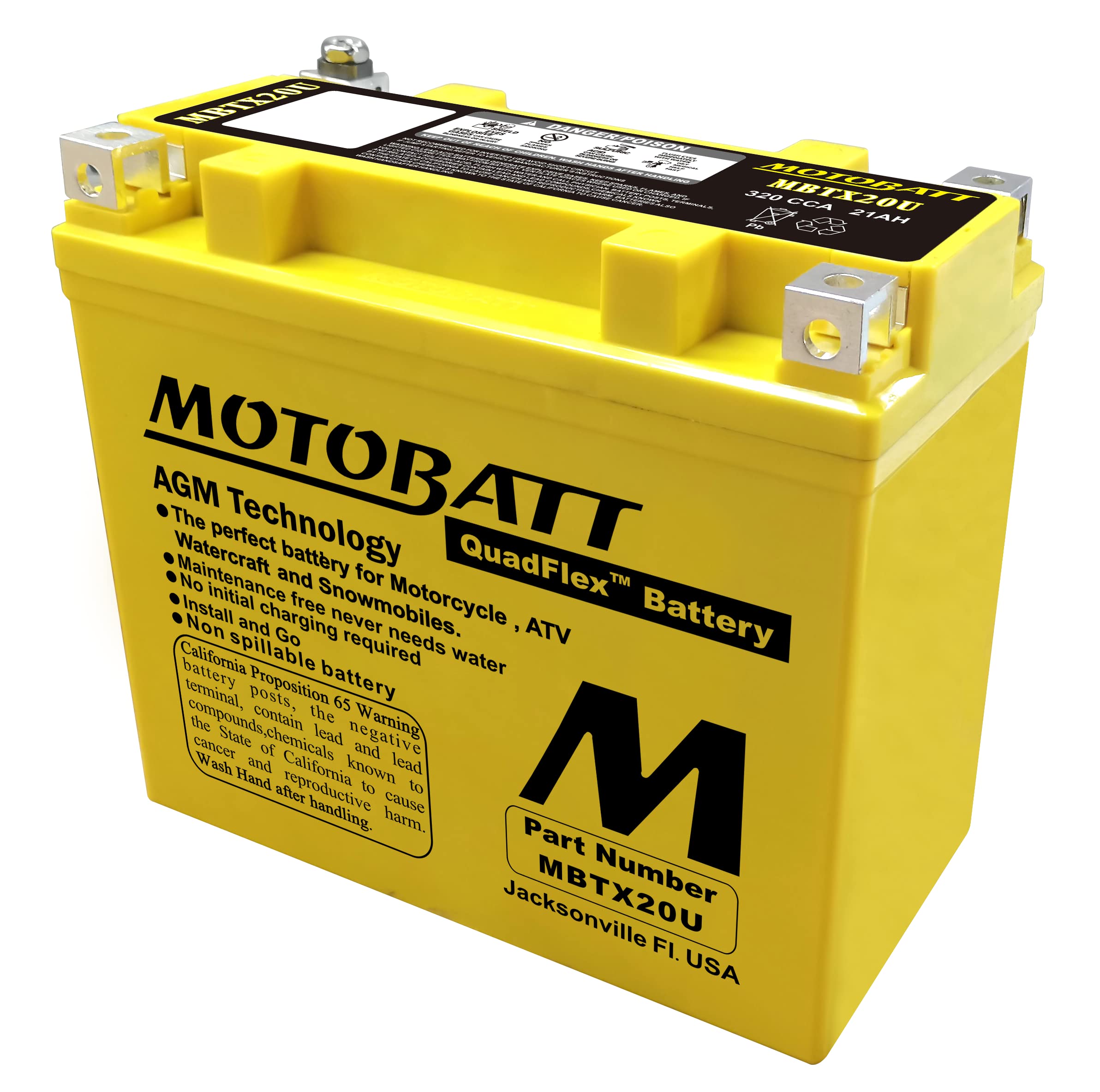 MotoBatt MBTX20U (12V 21 Amp) 320 CCA Factory Activated Maintenance Free QuadFlex AGM Battery