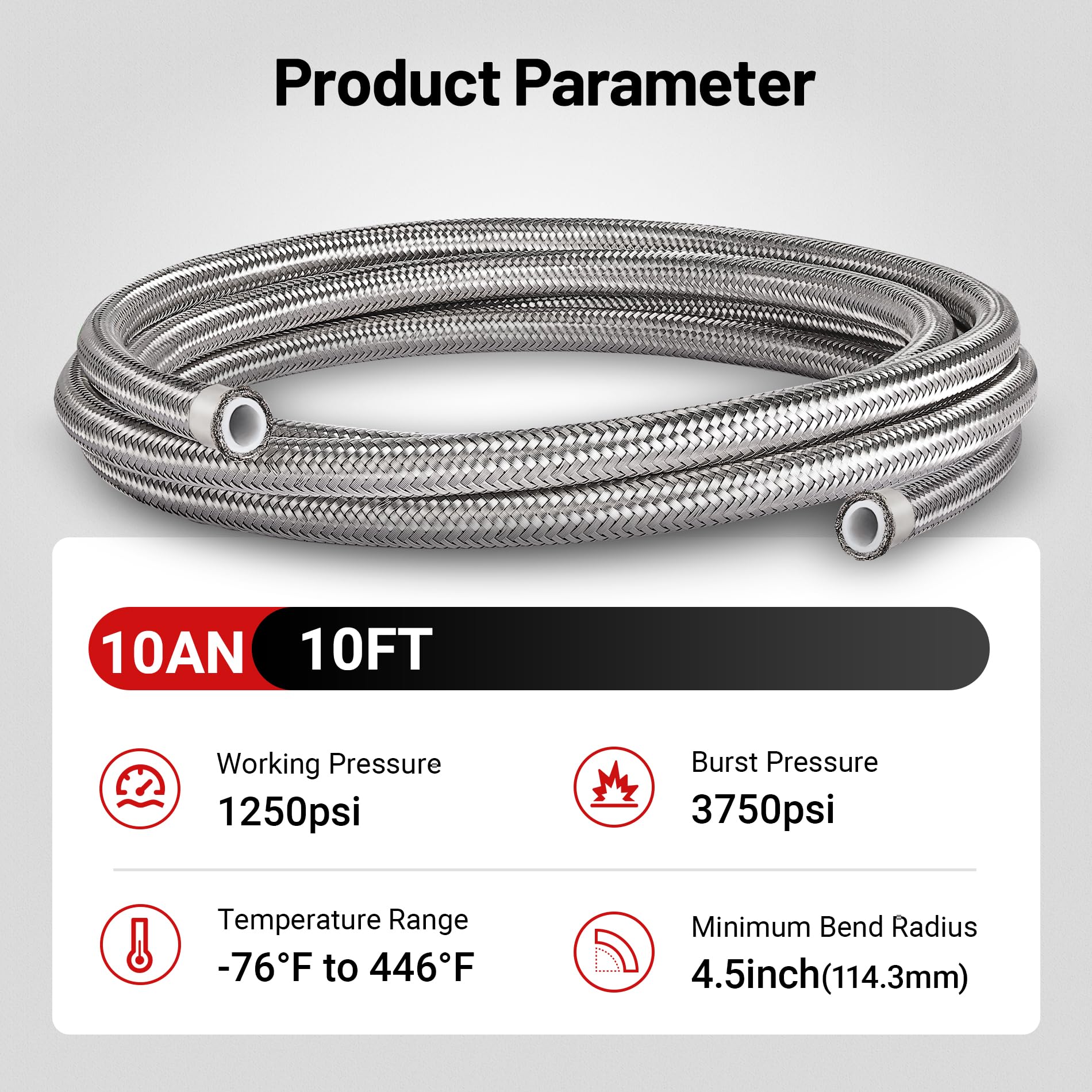 Evil Energy 10An Ptfe Fuel Hose Line, An10 Fuel Line E85 Stainless Steel Braided 10Ft Silver