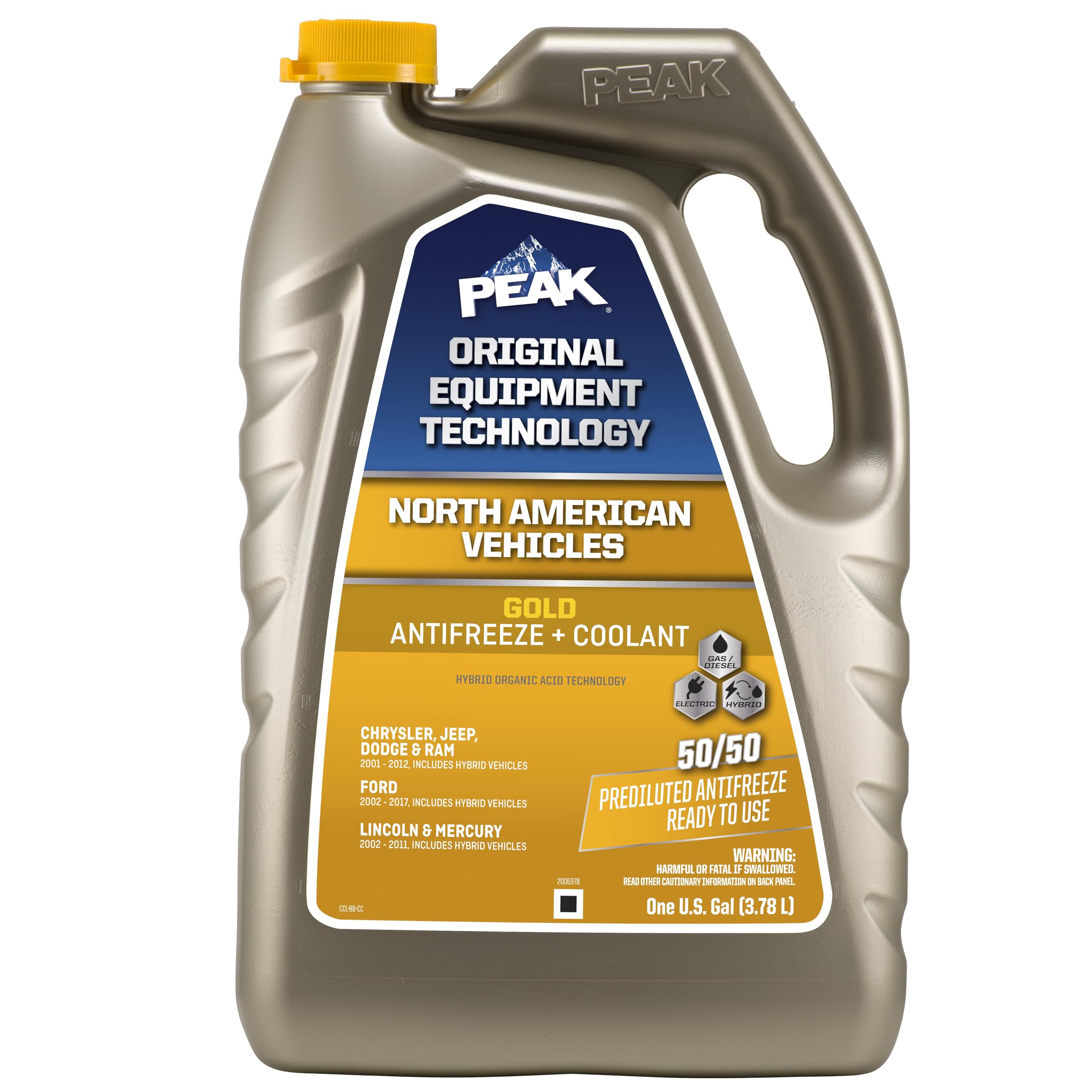 Peak Oet Extended Life Gold 50/50 Prediluted Antifreeze/Coolant For North American Vehicles, 1 Gal.