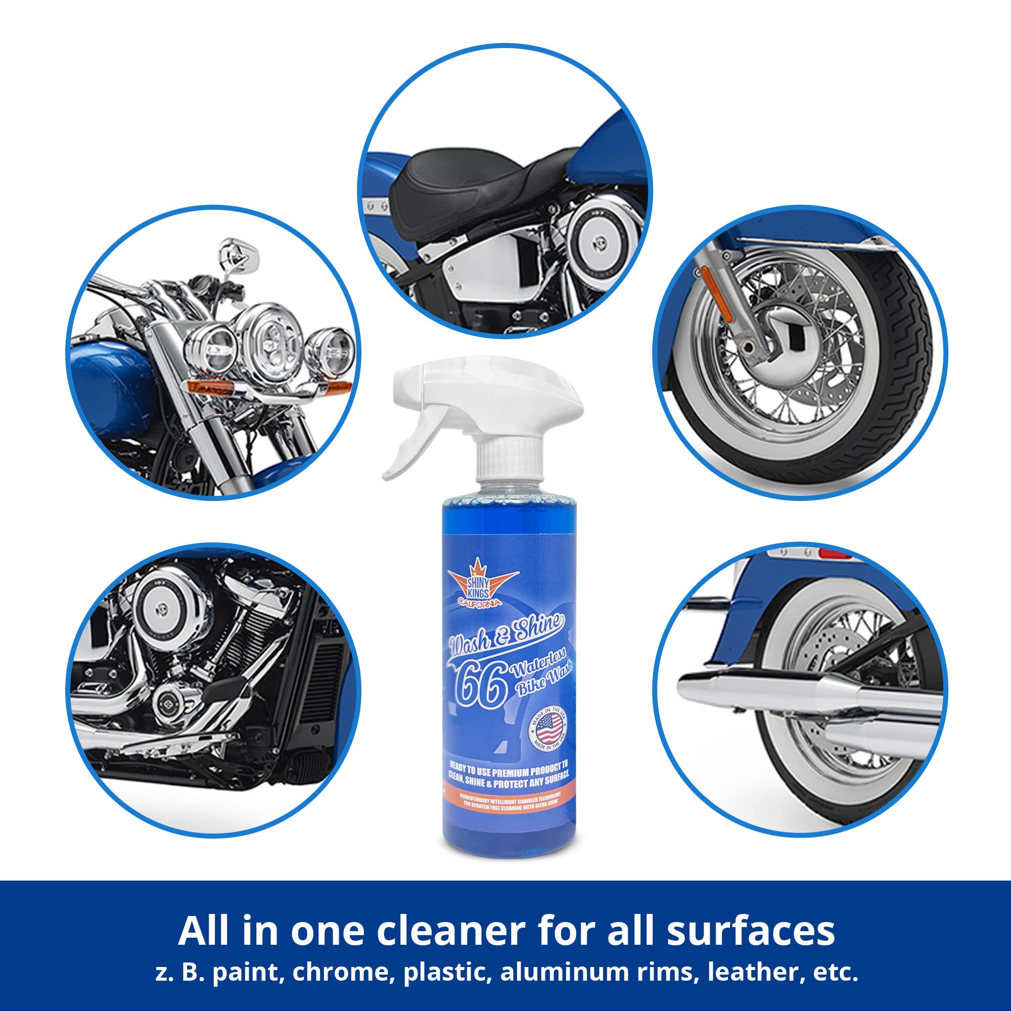Shinykings Wash&Shine 66 Waterless Motorcycle Cleaner | Made In Usa | Ultra Shine Effect | Detailing Wash Spray For All Surfaces