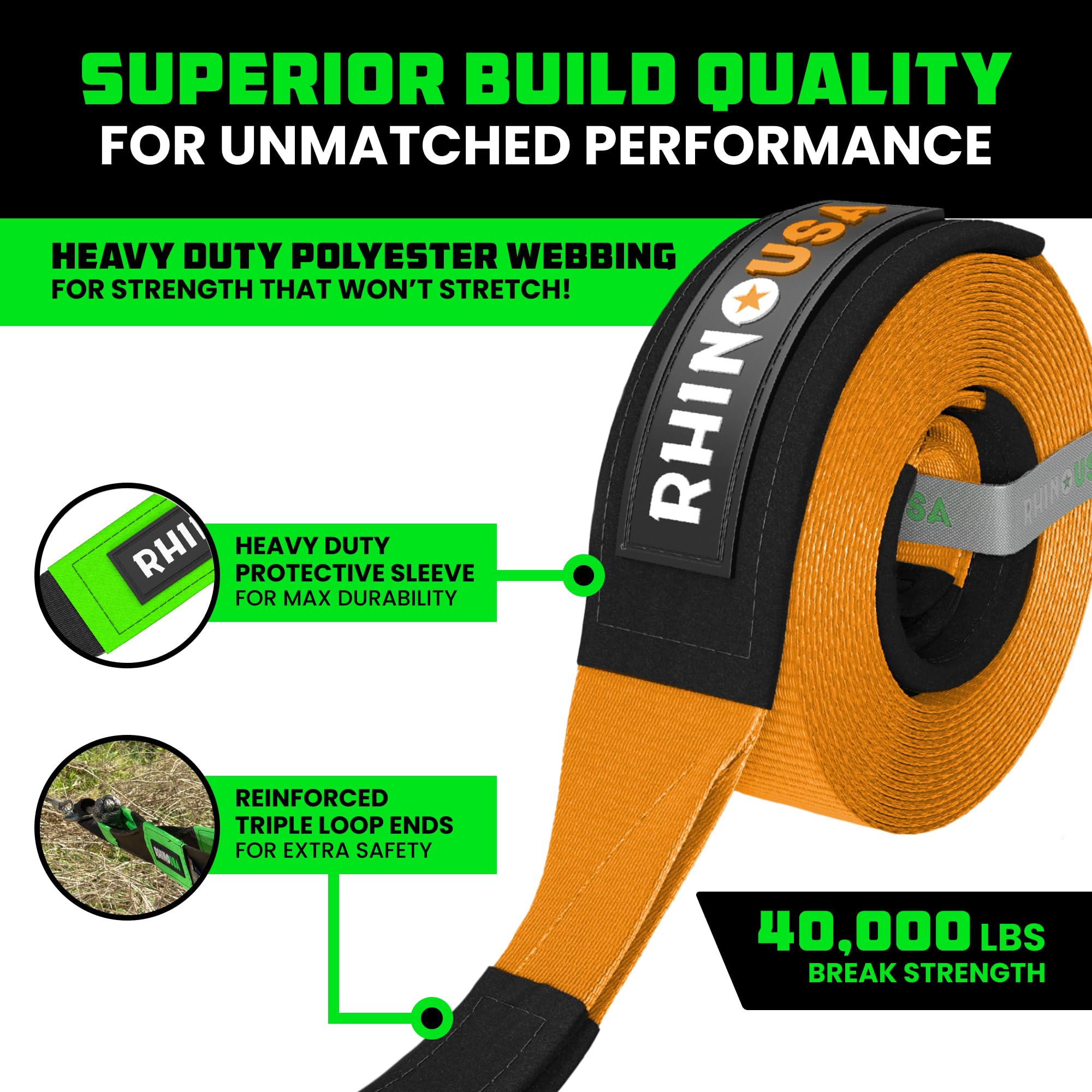 Rhino Usa Tree Saver Tow Strap (4''X10') - 40,320Lb Break Strength - Emergency Recovery Strap Winch Extension For Truck, Utv, At