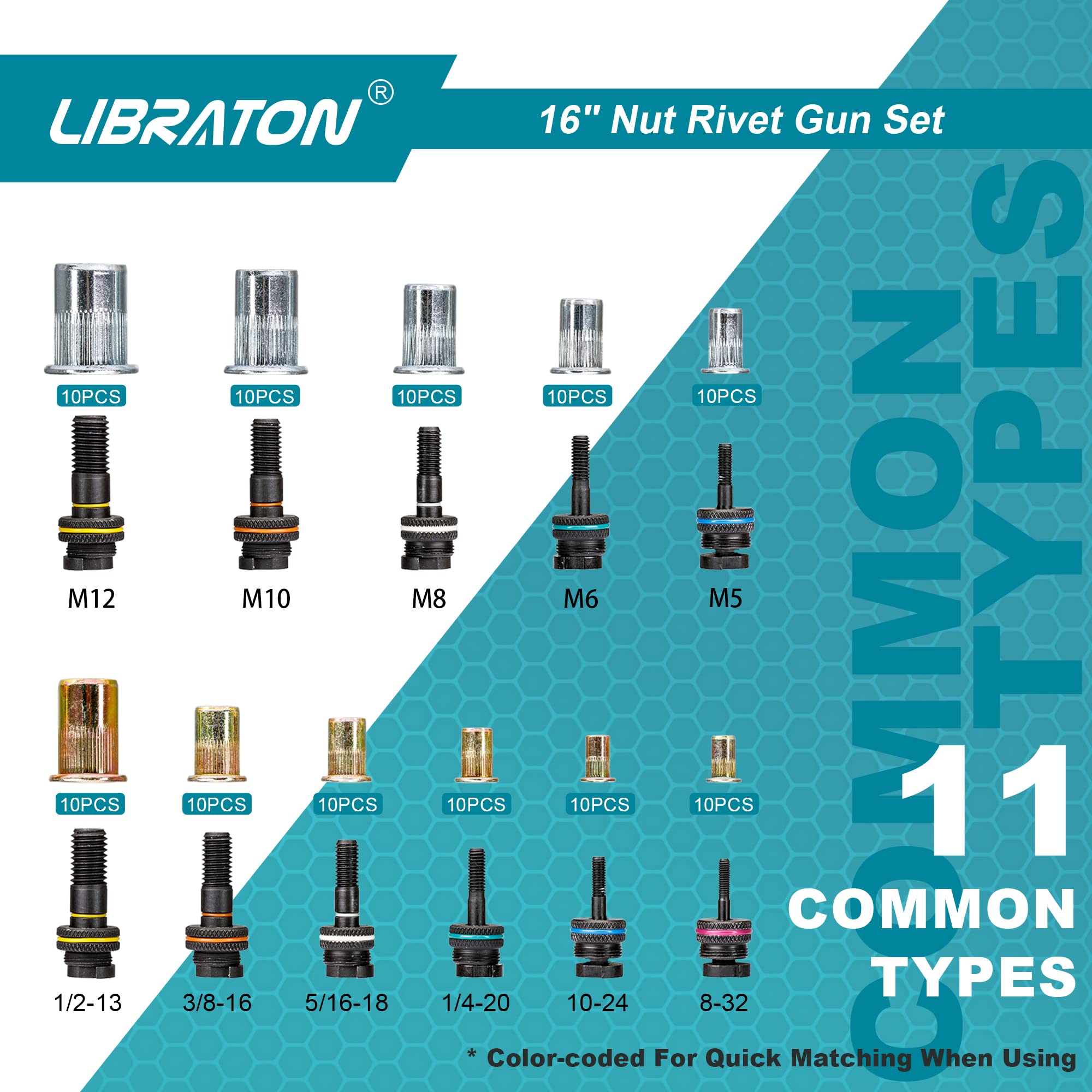 Libraton 16'' Rivet Nut Tool, Rivet Nut Gun, Hand Rivet Nut Setter With 110Pcs Rivet Nuts, 11Pcs Metric & Sae Interchangeable Ma