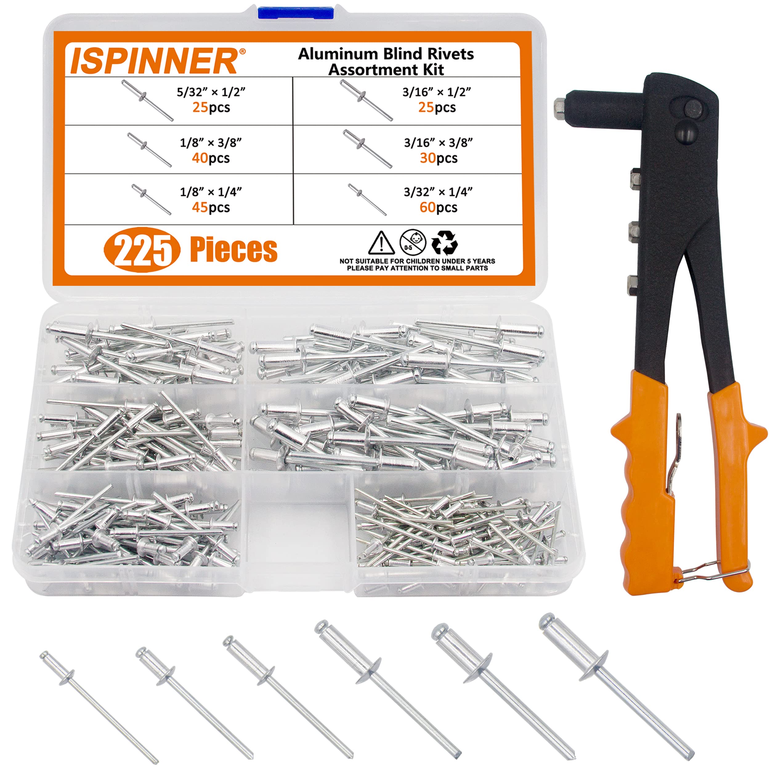 Ispinner 225Pcs Aluminum Blind Rivets Assortment Kit With Heavy Duty Hand Riveter Rivet Gun Tool, 6 Sizes Pop Rivets