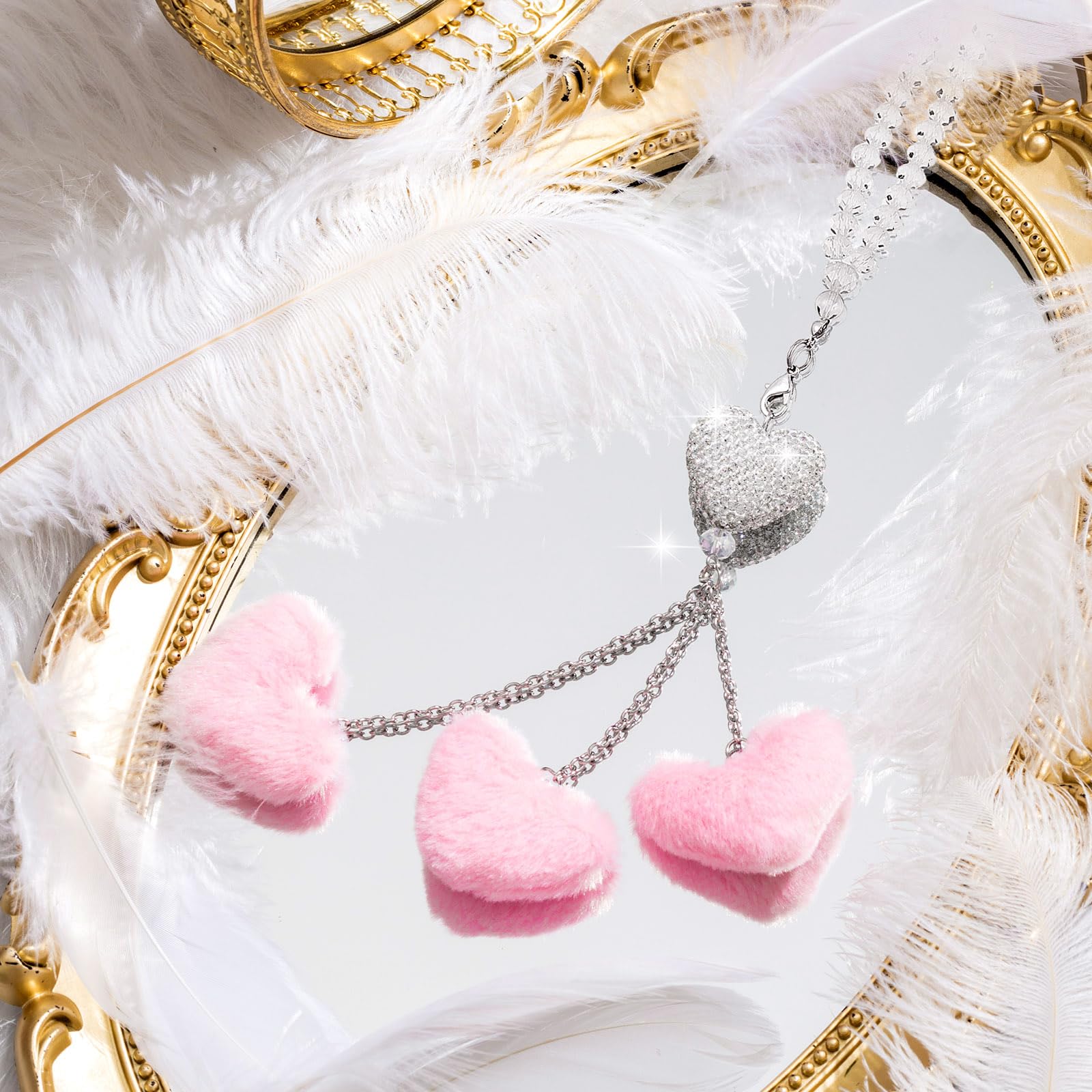 Frienda Bling Diamond Heart Car Rear View Mirror Accessories For Women Valentine Car Accessories Crystal Mirror Hanging Charms D