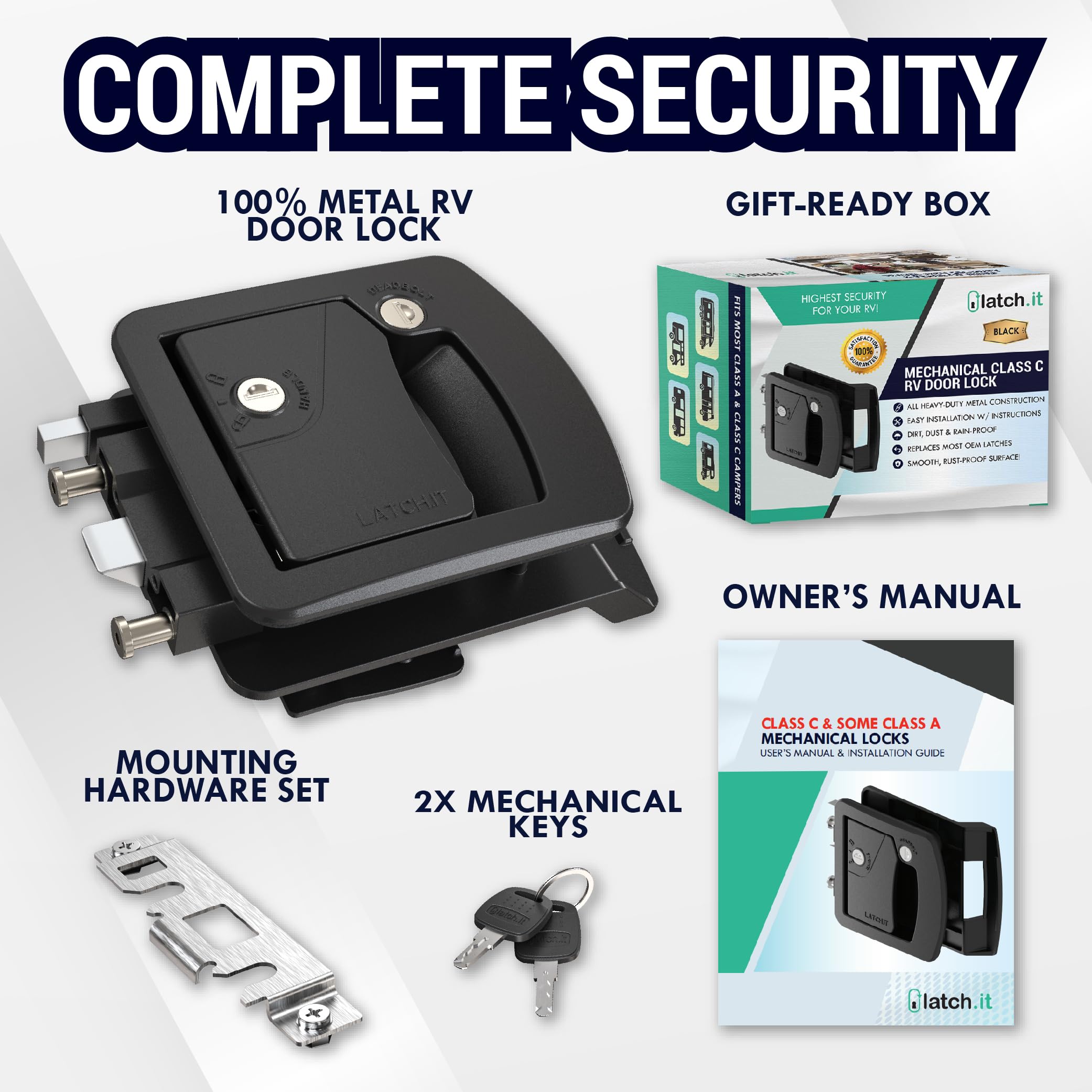 LATCH.IT RV Door Lock Replacement - Metal Mechanical Lock, Class C, 3.50" x 4.50" Hole, Black, Model RVL3249, Includes 2 Keys