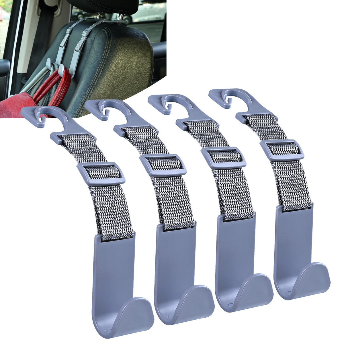 Amooca Headrest Hooks for Car Adjustable 4 Pack Vehicle Seat Back Organizer Storage Hanger Holder for Purse Bags Universal Fit G