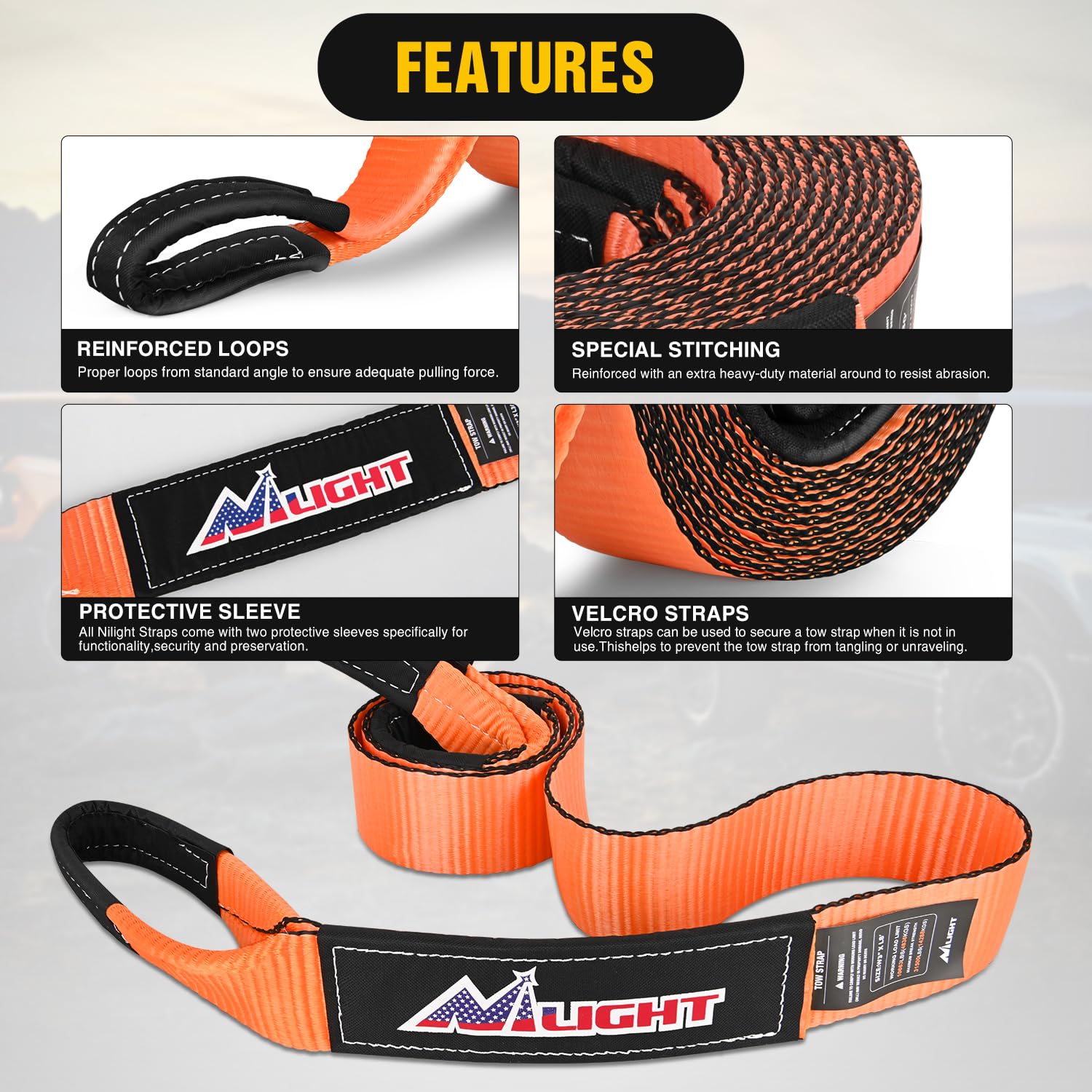 Nilight Offroad Recovery Kit 3'' X 8' Tow Strap With Winch Snatch Block Pulley And 2Pcs 3/4'' Anti-Theft D-Ring Shackles Storage