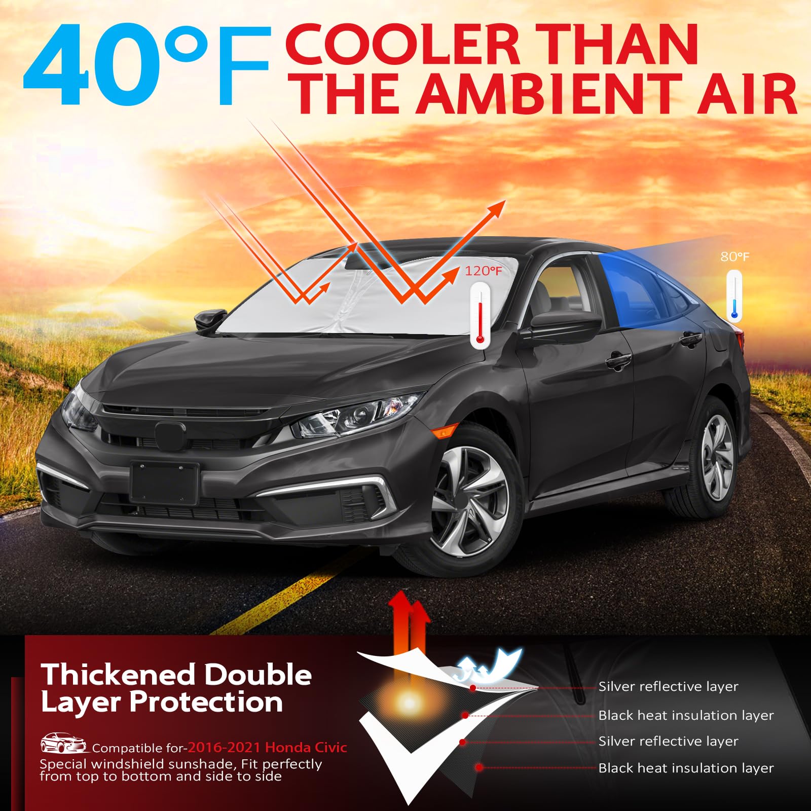 Kayzt Windshield Sun Shade For 2016-2021 Honda Civic Foldable Sunshade Front Window Custom Fit Car Accessories