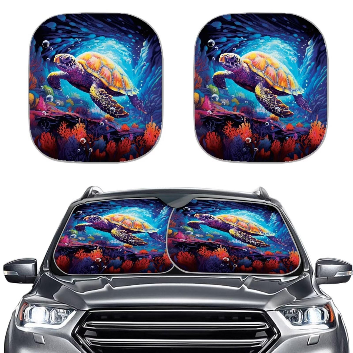 Renewold Car Windshield Sunshade Foldable 2 Pieces Set Car Front Window Sunshade Blocks Uv Rays Sun Visor Sea Turtle Trendy Patt