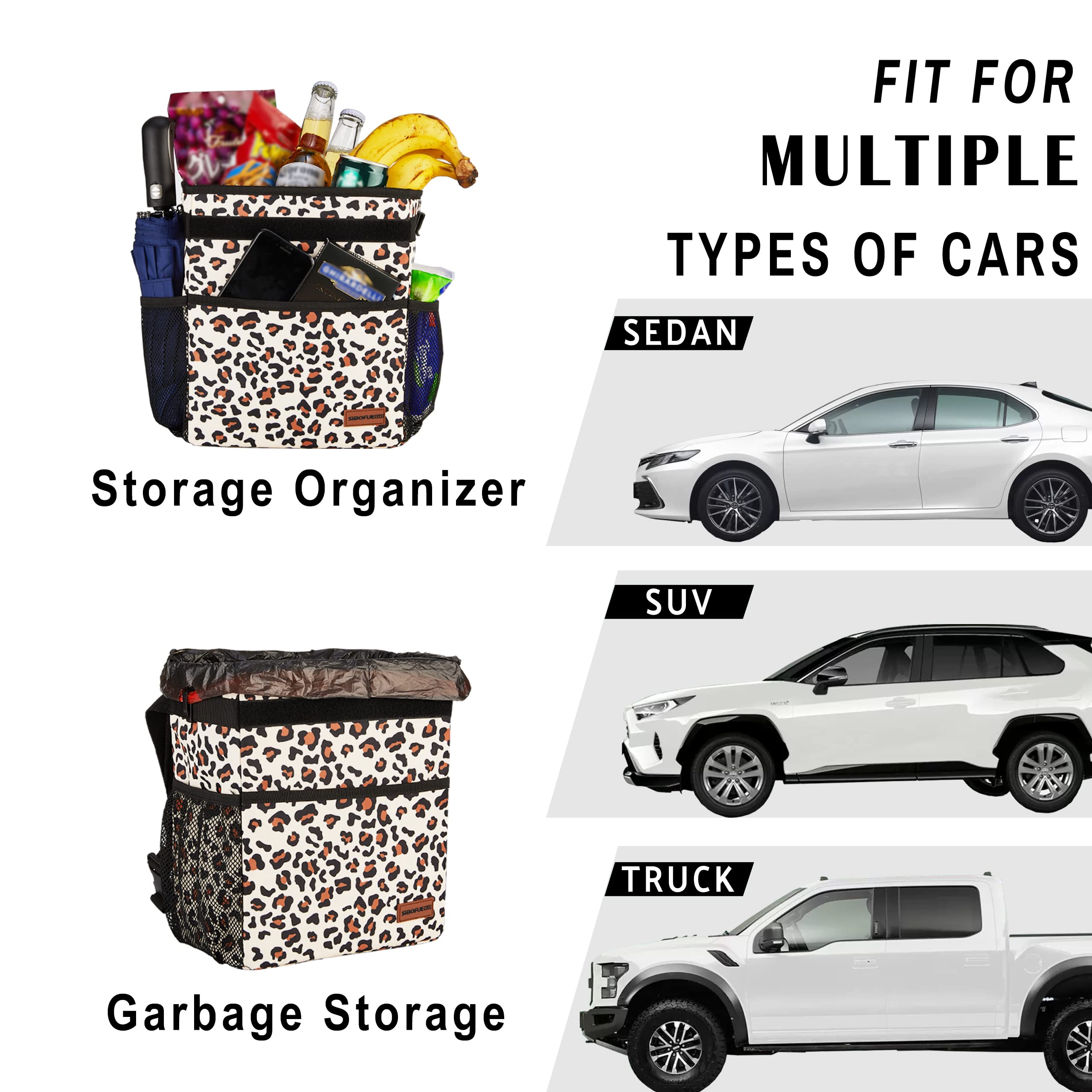 Sibofuego Cute Car Trash Can With Lid - Leak Proof Car Trash Bag Hanging Waterproof Car Garbage Can With Storage Pockets Multipu