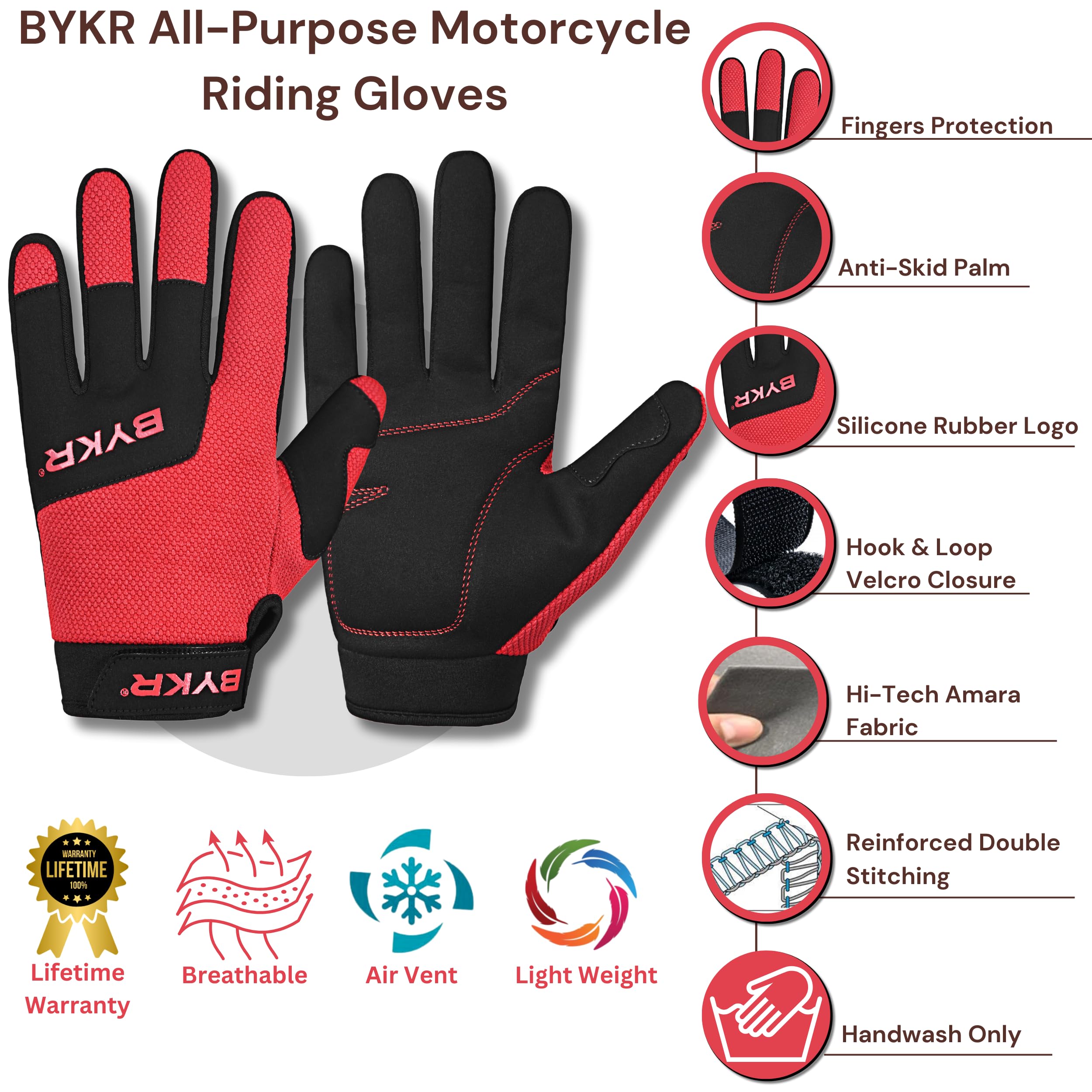 Bykr All-Weather Motorcycle Gloves For Men & Women - Protection For Dirt Bike, Bmx, Mx, And Atv Riding - Red Xxl