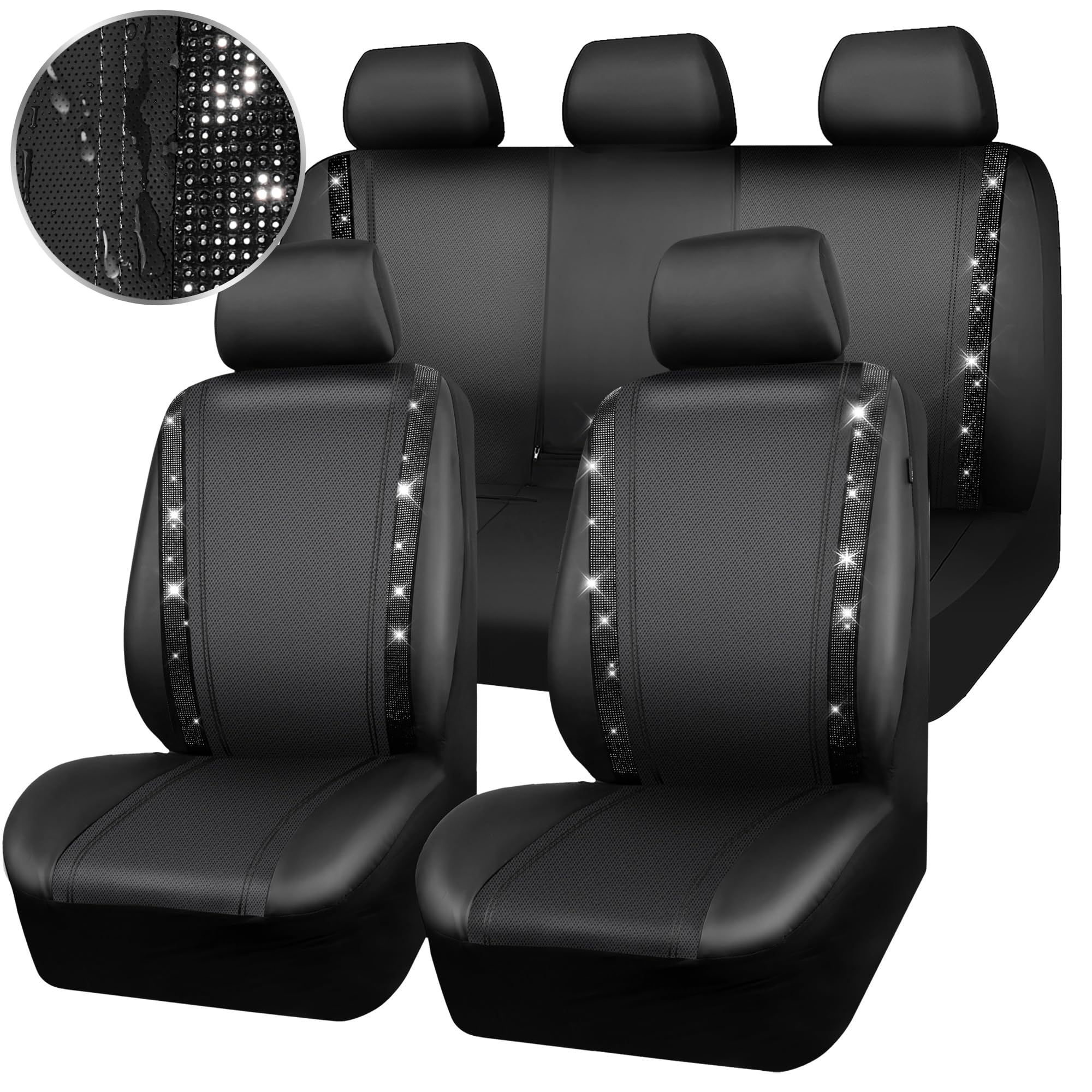 Car Pass Diamond Leather Bling Car Seat Covers Full Set, Shining Rhinestone Waterproof Durable Rear With Zipper, Universal Fit A