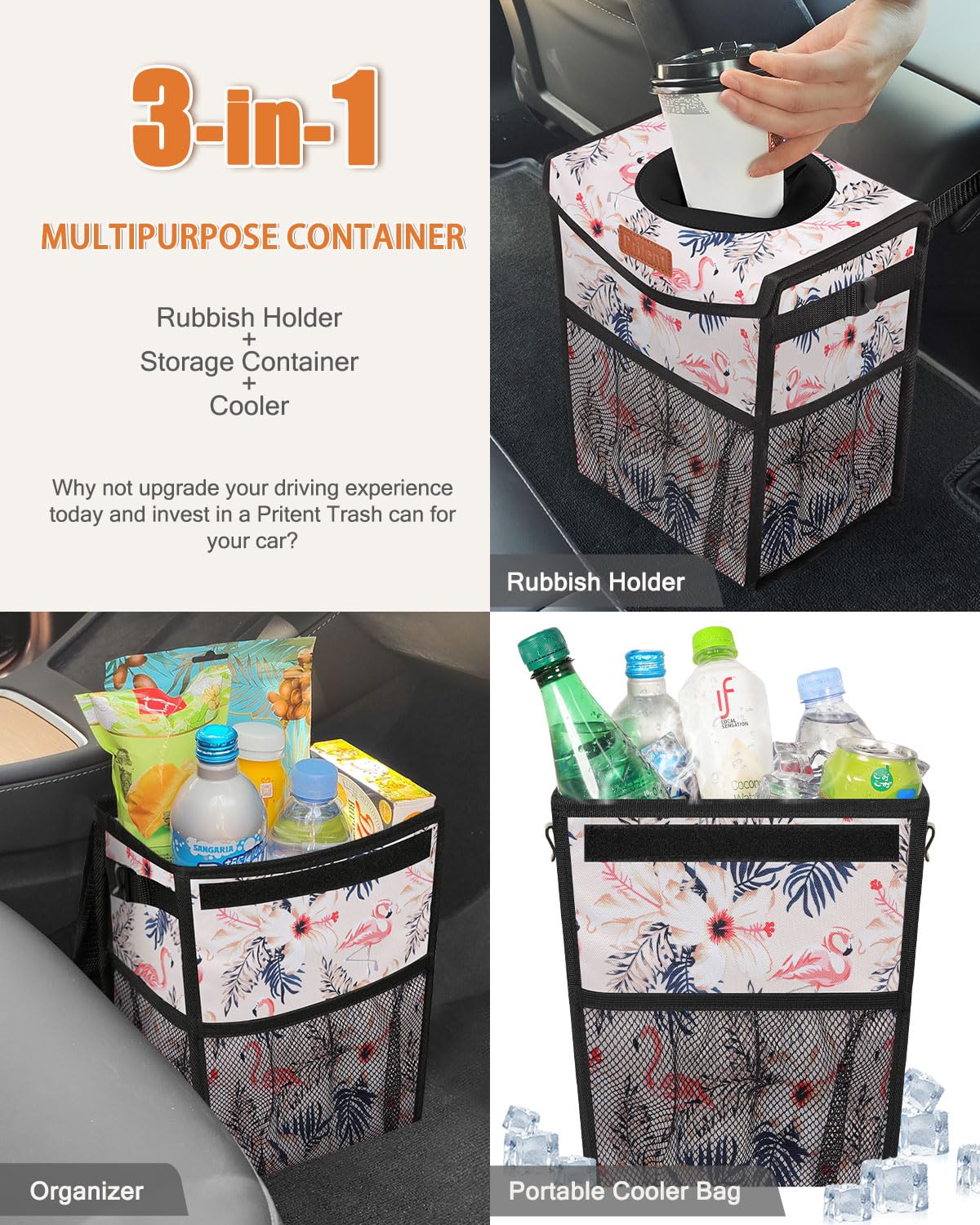 Pritent Car Trash Can With Lid, Cute Leakproof Car Trash Garbage Bag Hanging Vehicle Trash Bin Small Portable Automotive Garbage