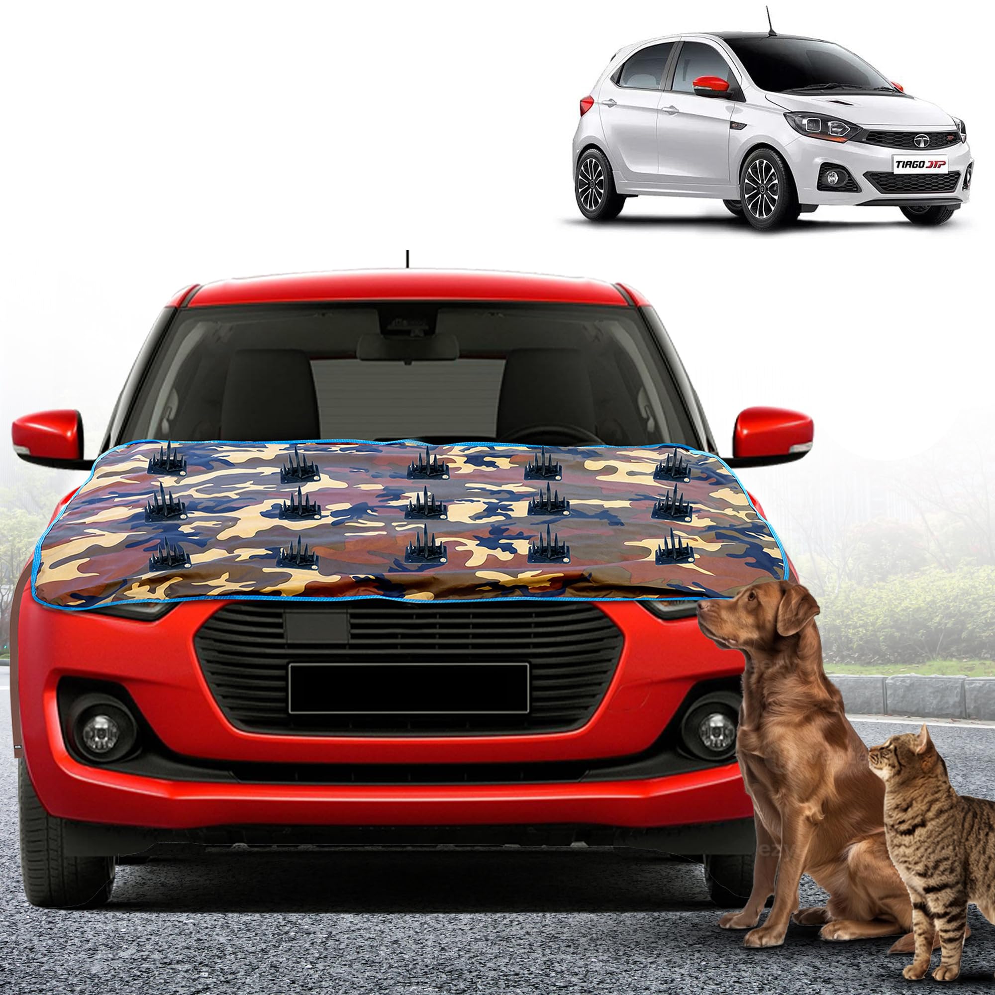 AUTOMOZEXO Dog Protection Waterproof Spike Car Cover for Bonnet Install 4 Anti Scratch Hooks and Easy Install Elastic Strap Comp
