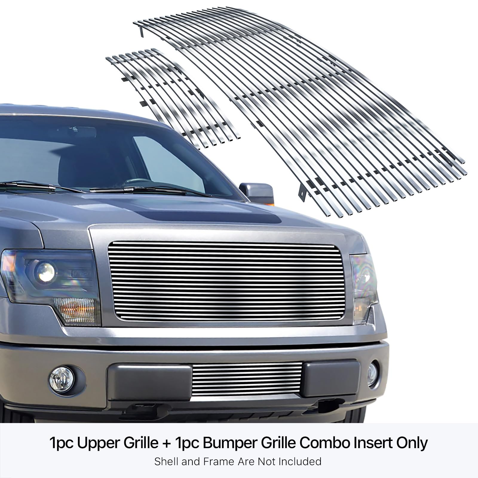 Aps Premium Stainless Steel Polished Chrome 8X6 Horizontal Billet Grille Insert Compatible With Ford F-150 2009-2014 Combo N19-S