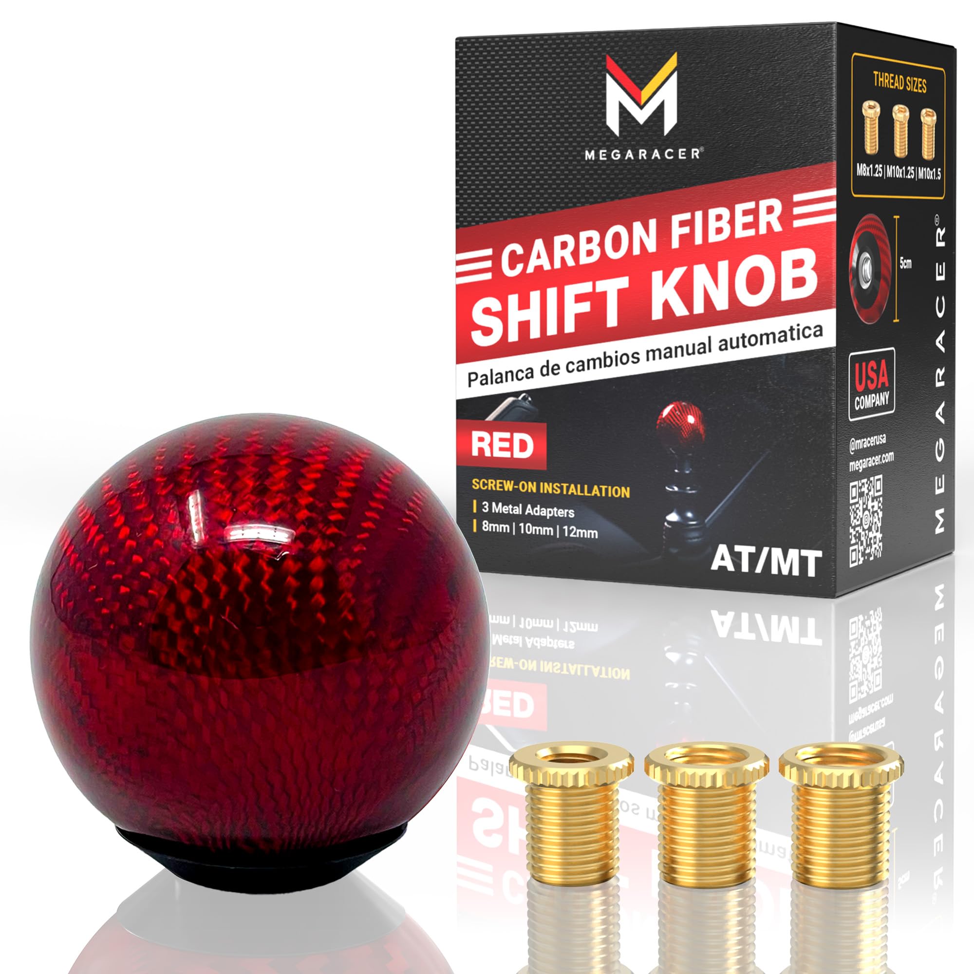 Mega Racer Ball Red Carbon Fiber Shift Knob | Buttonless Automatic Manual Stick Shift Knobs | Gear Shift Knob Manual Shifter Kno